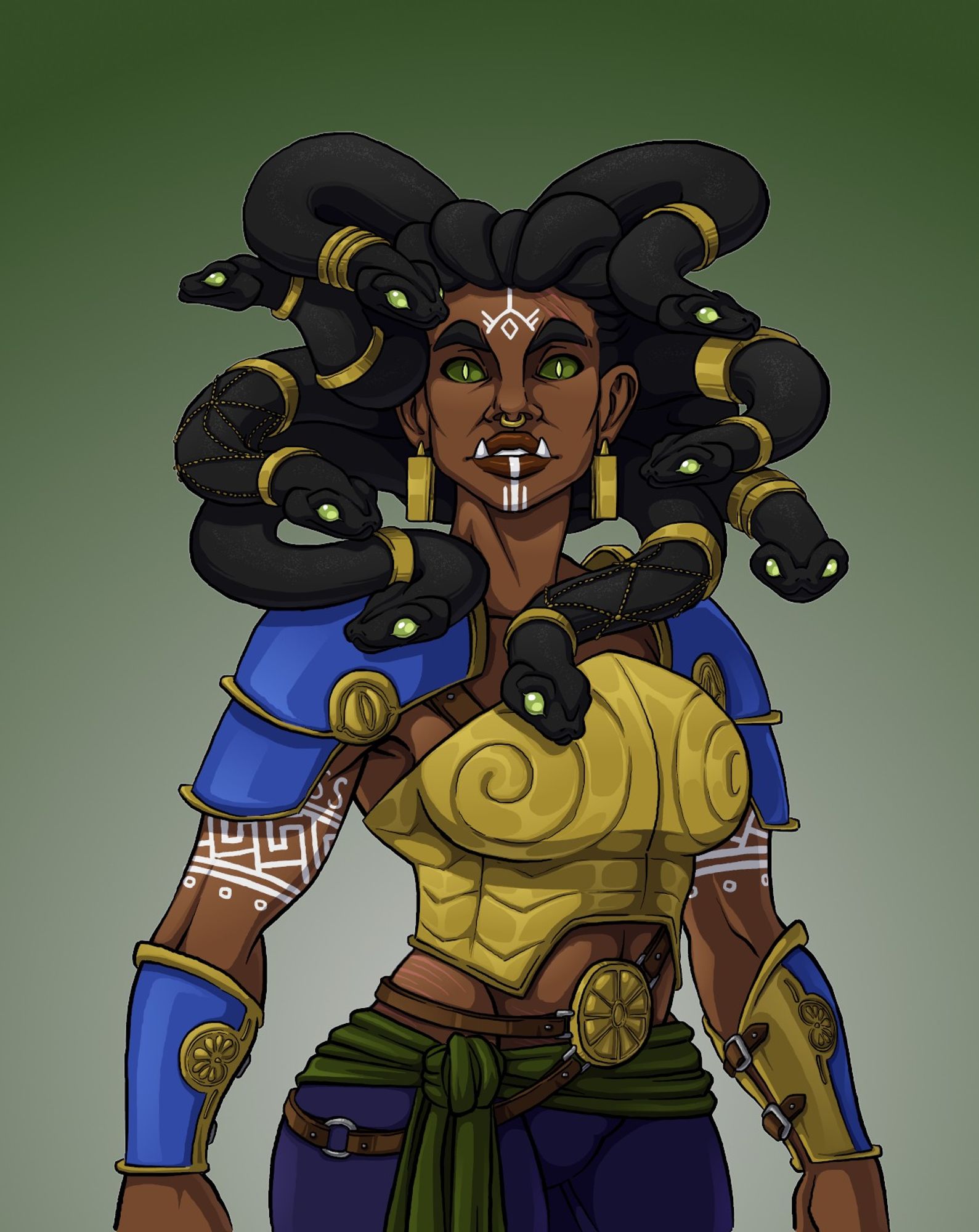 Medusa, the gorgon. She has dark skin and her snake hair is a collection of golden jewel-clad black snacks. She wears a golden chestplate and blue and gold pauldrons and bracers. She has blue pants and a green scarf belt. Her eyes are green snake eyes, she has short tusks and piercings. Her face biceps have white patterened tattoos.