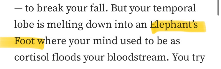 From her ridiculous article: But your temporal lobe is melting down into an Elephant's Foot where your mind used to be as cortisol floods your bloodstream.

Added context: the meltdown at Reactor 4 of Chernobyl created a very rare material that is ONLY created during nuclear meltdowns. This material is known as corium. The corium mass inside of Chernobyl is nicknamed the Elephant’s Foot because of its size and resemblance to, well, an elephant’s foot 