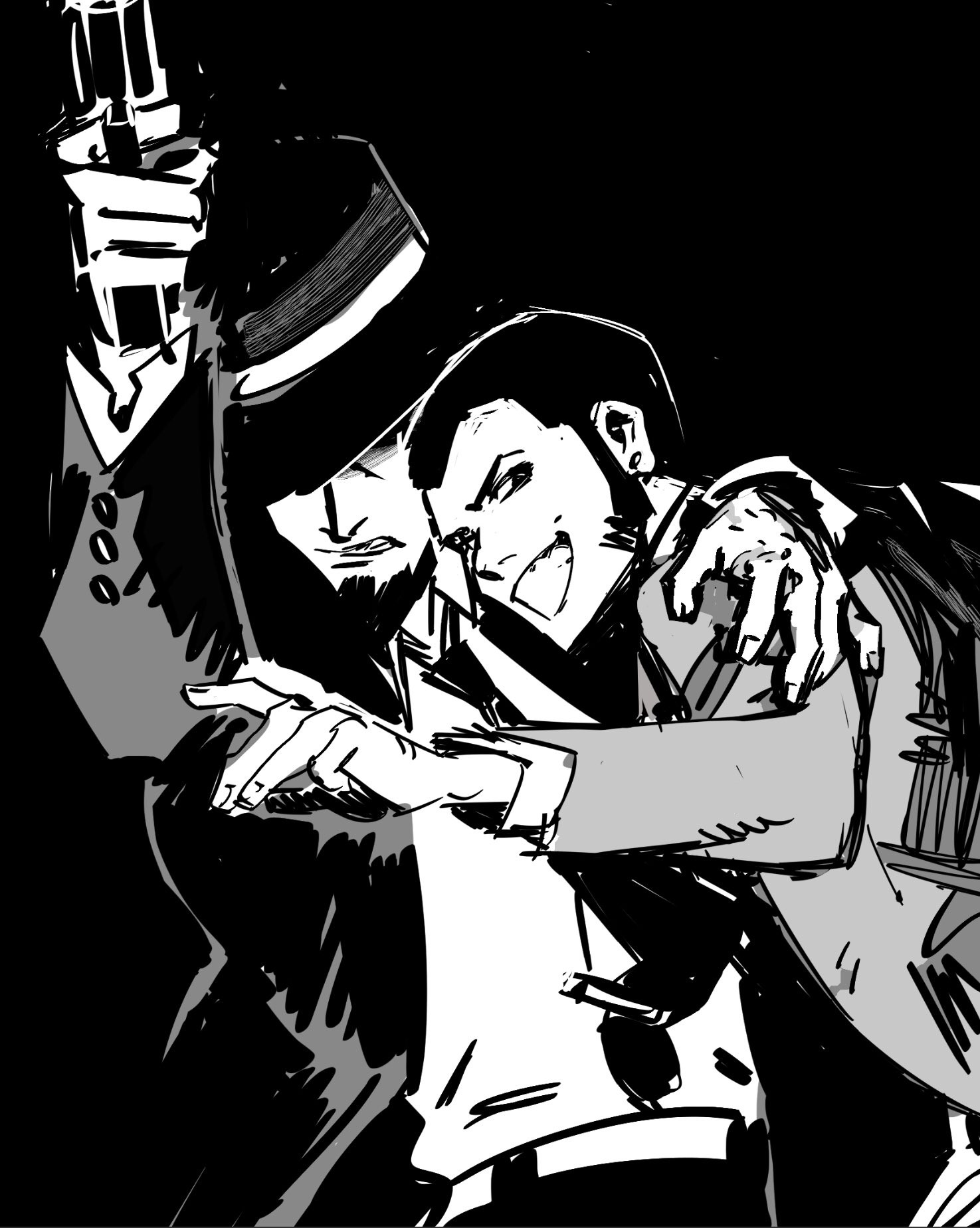 jigen pulling a gun, holding a smug looking lupin close