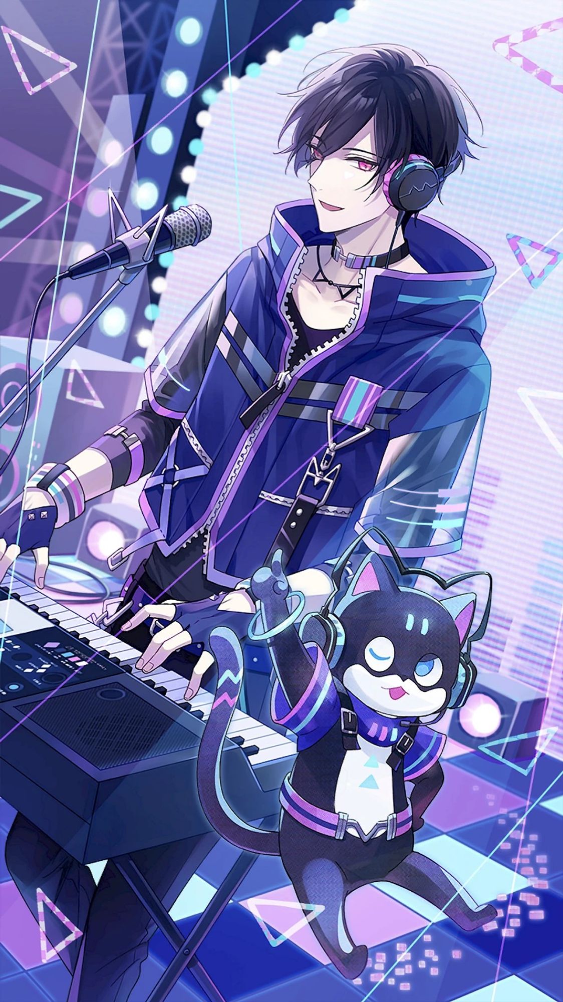 Image of Ayn's Electric Cat SR card from Lovebrush Chronicles. Ayn is wearing blue and purple streetwear with headphones while manning an electric piano keyboard on a stage. He is accompanied by a virtual black and white cat wearing the same get up.