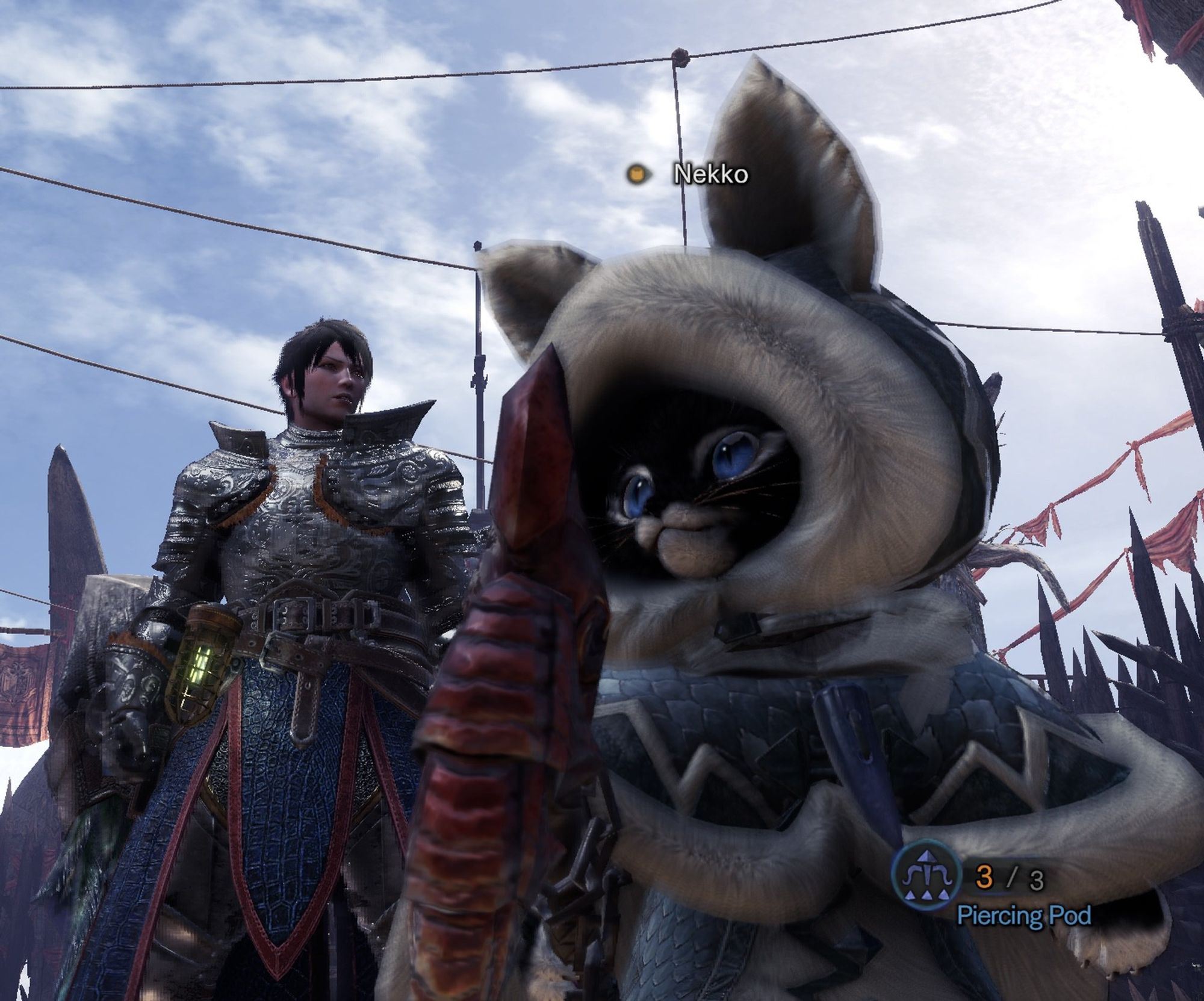 Screenshot of a hunter and palico duo in Monster Hunter World. Above the palico, the text reads its name as "Nekko."