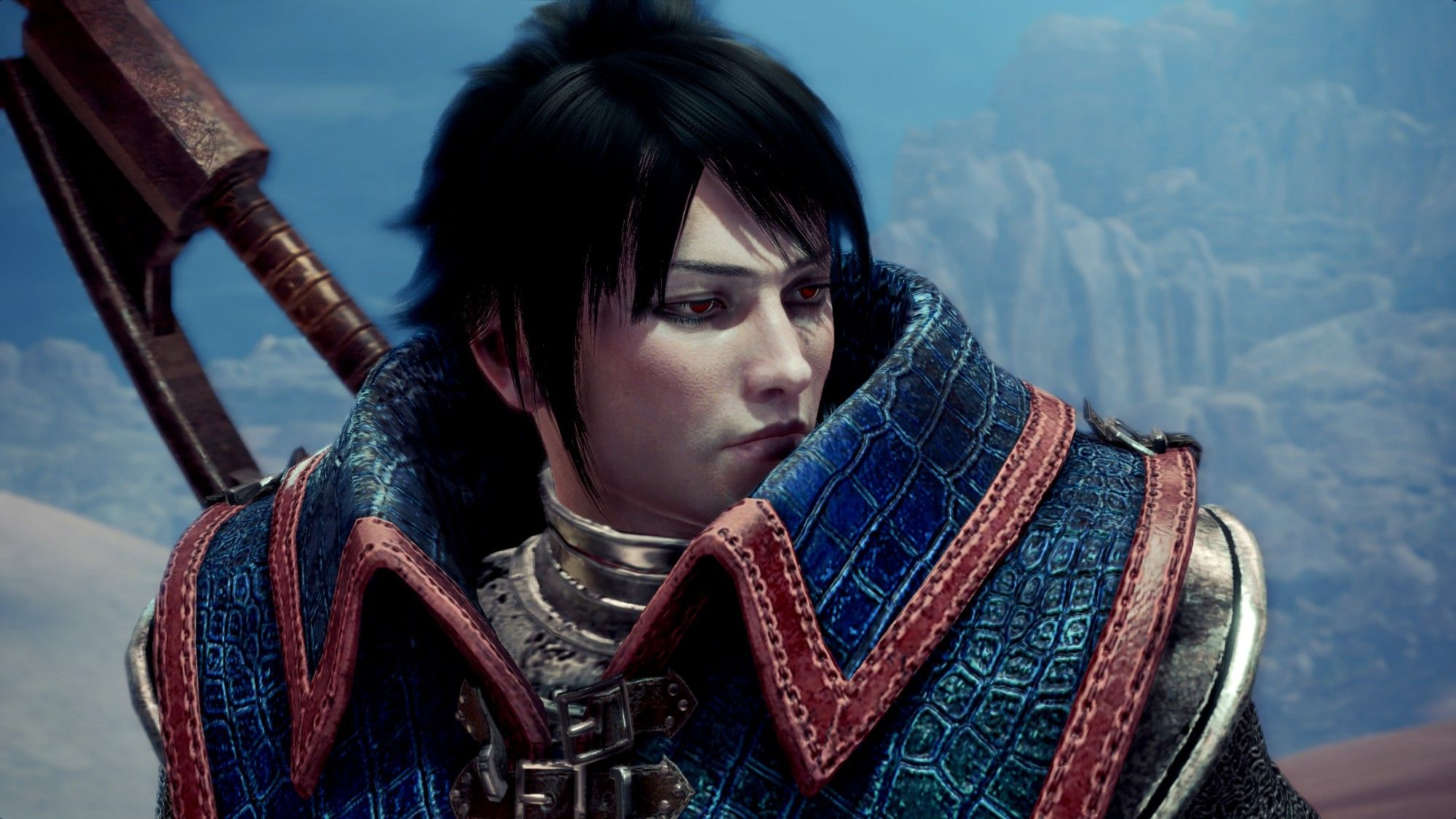 Screenshot of a hunter in Monster Hunter World during a cutscene. He's looking off to the side with a blank, unimpressed expression.