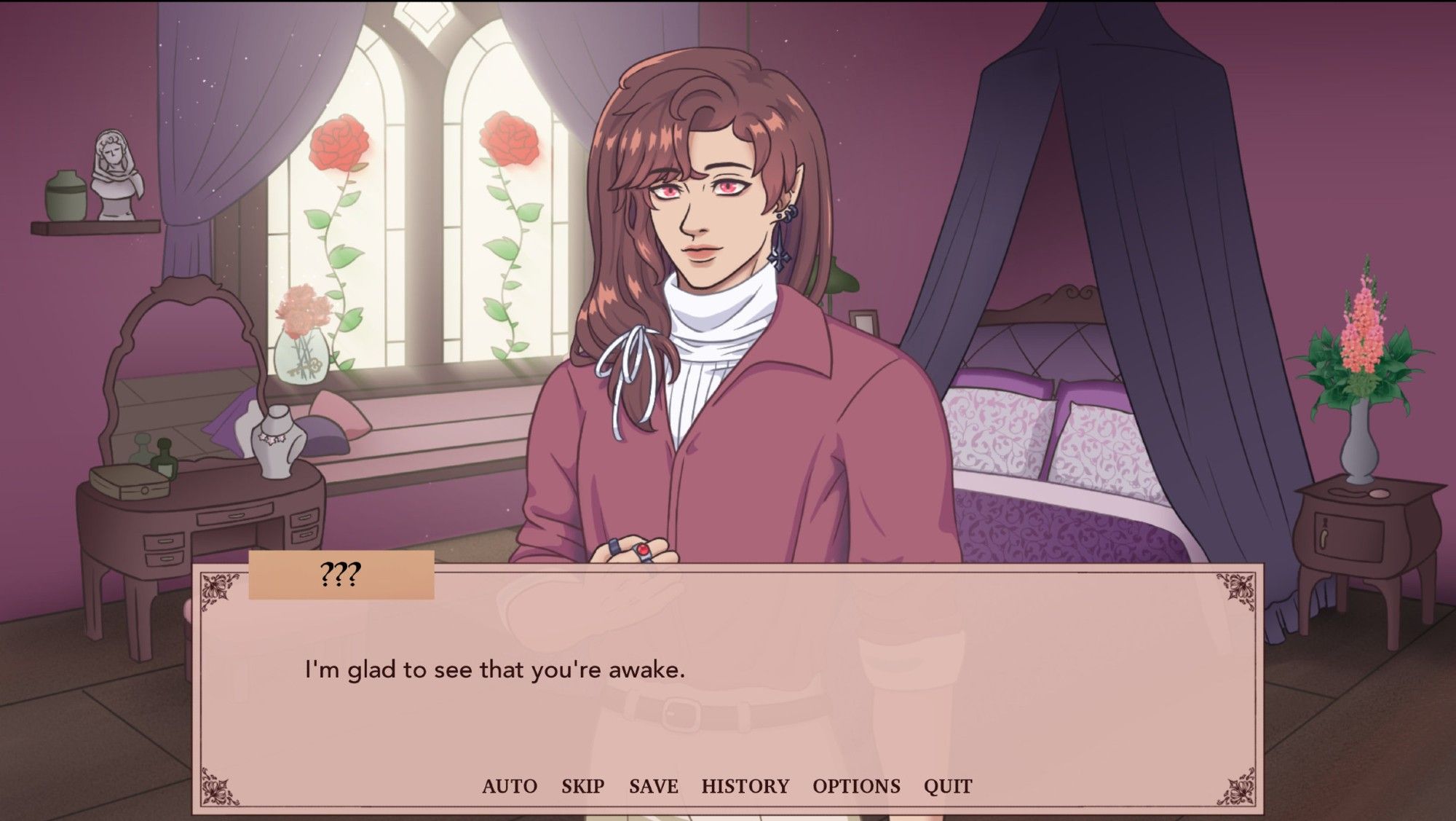 Screenshot of a scene in the vn demo Shepherd Among Wolves. A brown-haired, pink-eyed person is speaking to the reader in a lit bedroom setting. The dialogue box reads: "??? - I'm glad to see that you're awake."