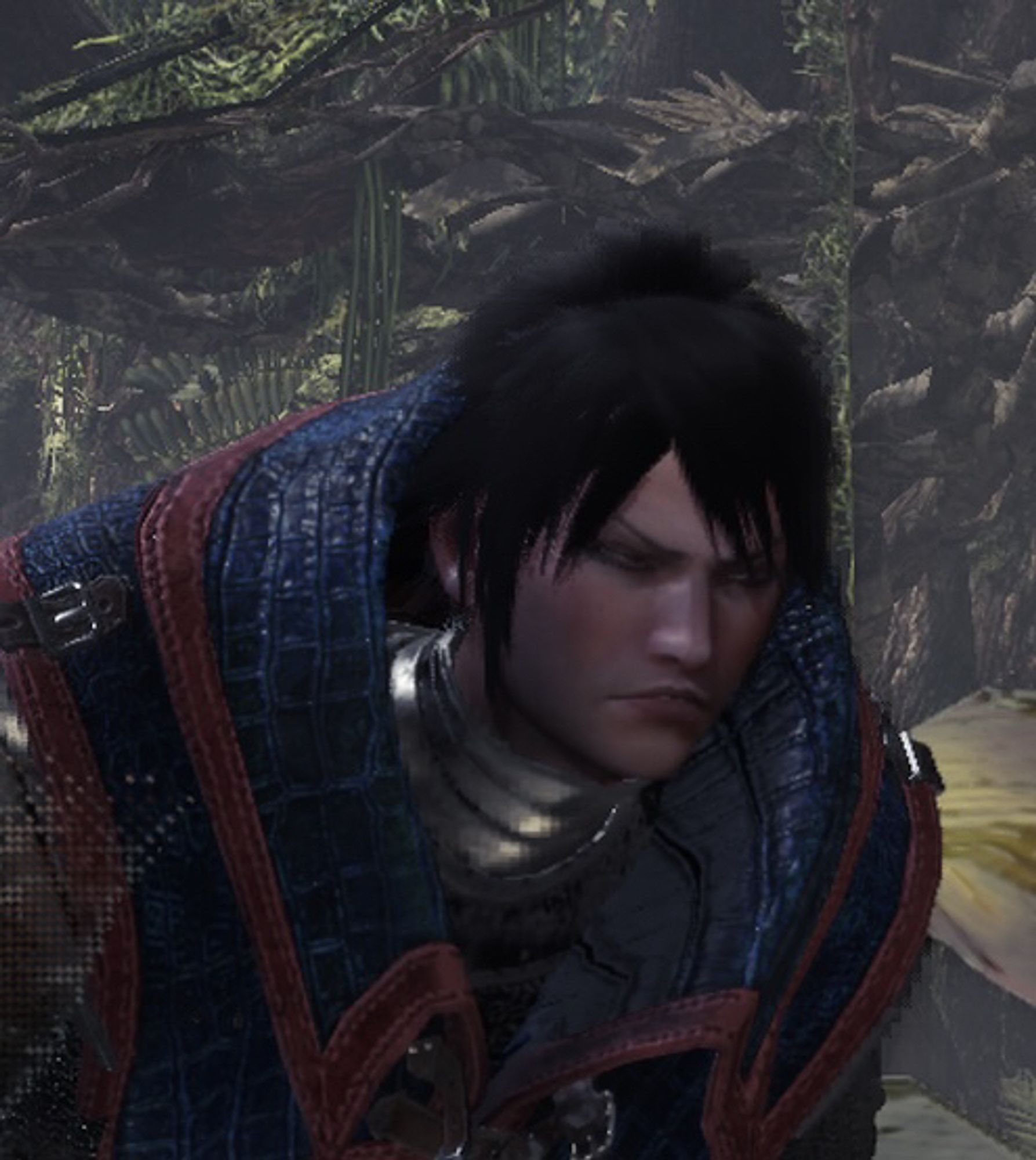 Zoomed in screenshot of a hunter crouching and making a strong annoyed expression.