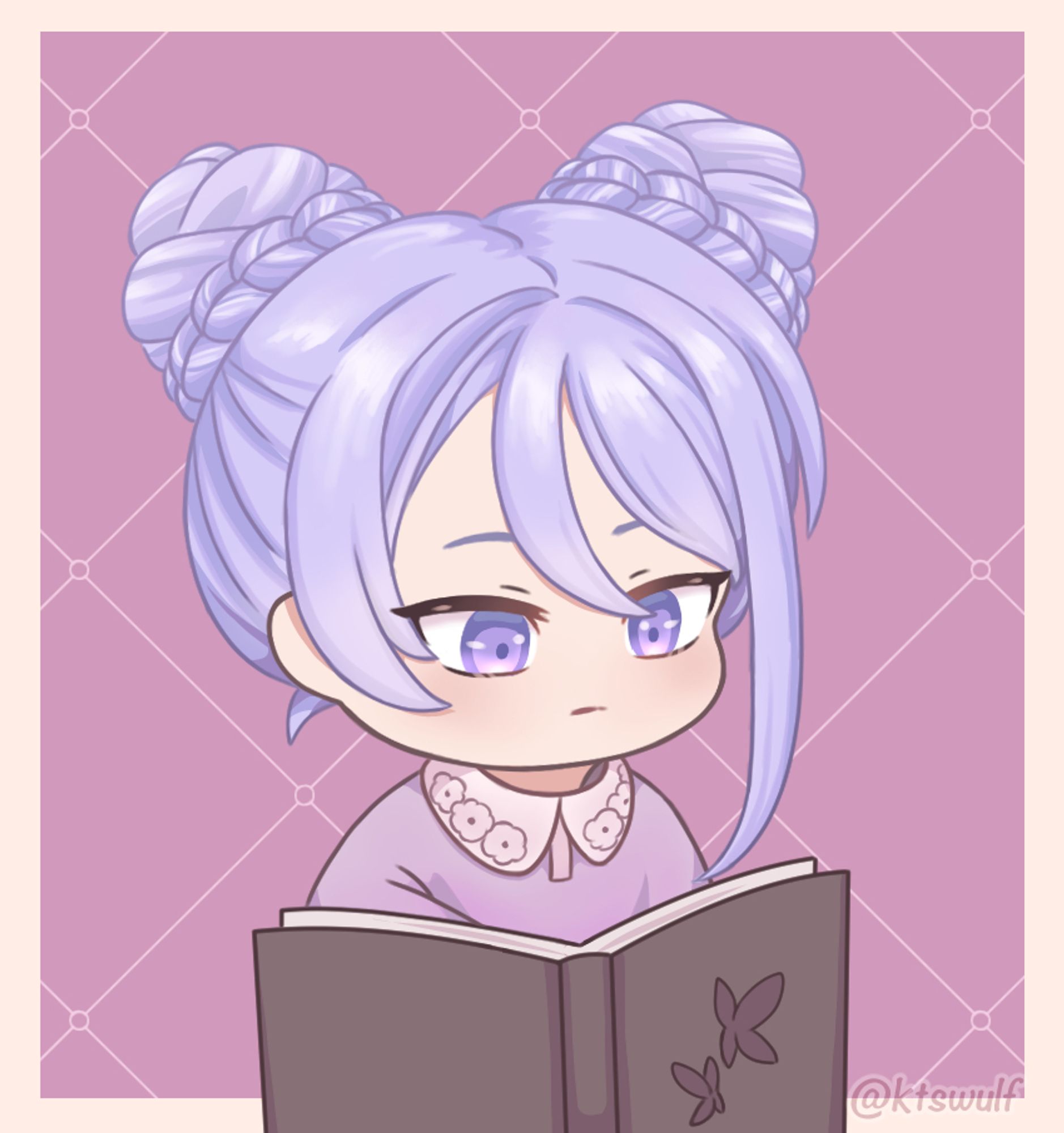 Digital chibi art of baby Cael from Lovebrush Chronicles. His long hair is wrapped into two braided high pigtails and he is reading a book with 2 butterflies on the cover.