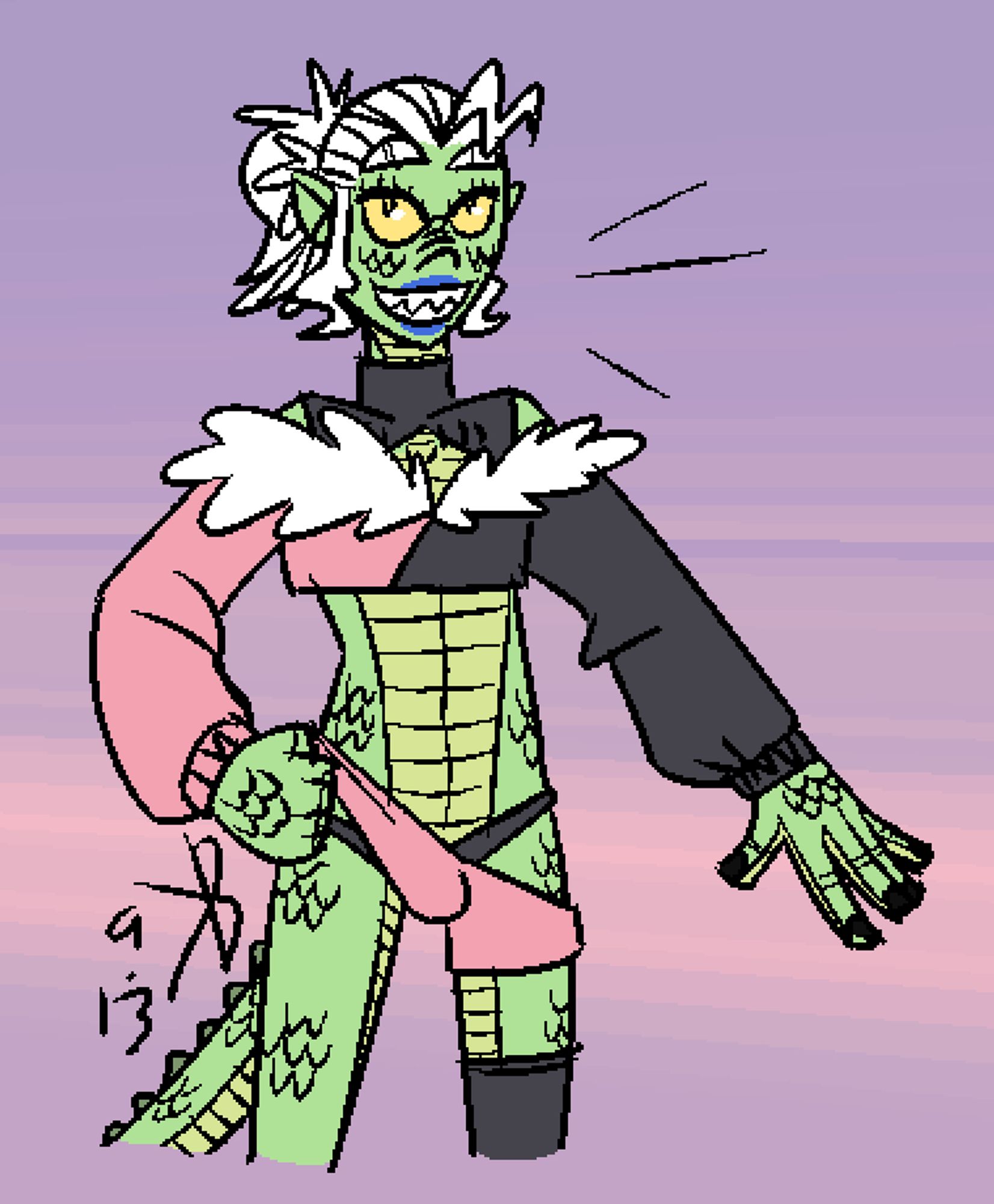 a lizard boy with green scales models one of those meme outfits that's been going around, this one some kind of crop hoodie top with half-shorts over bikini bottoms and a single legwarmer