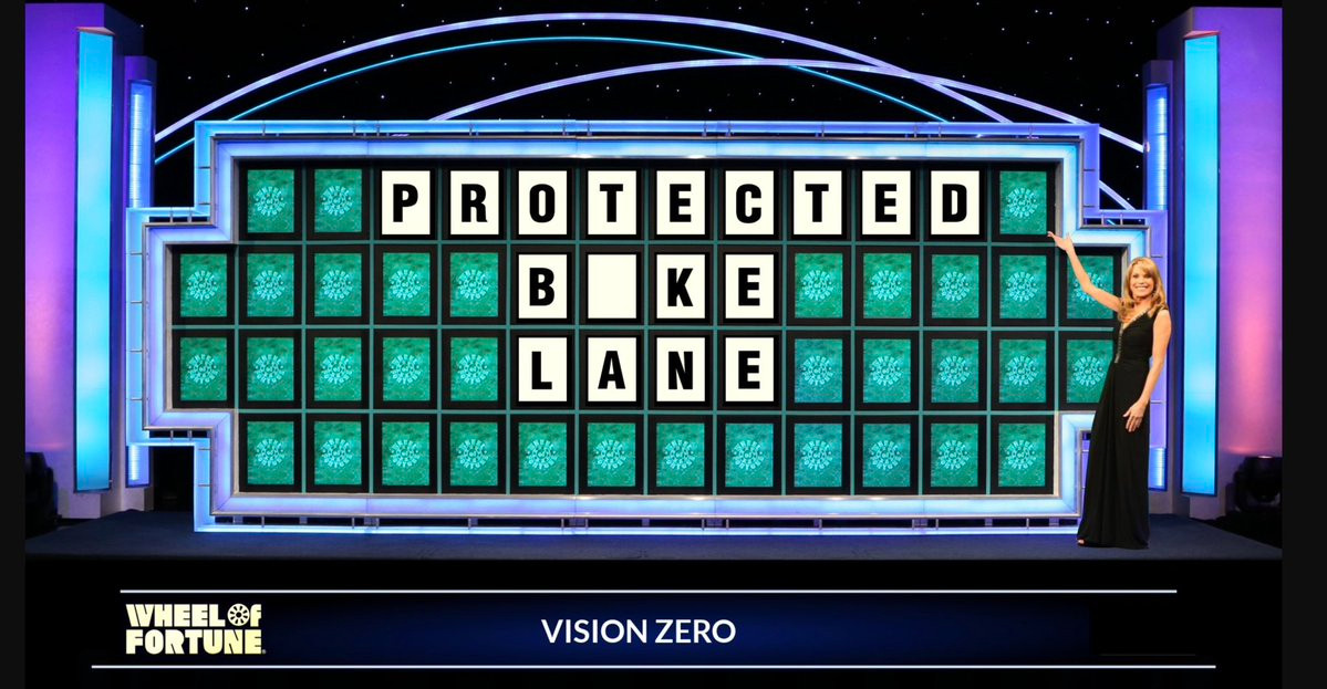 A wheel of fortune puzzle for Protected Bike Lane all filled in minus the I in Bike