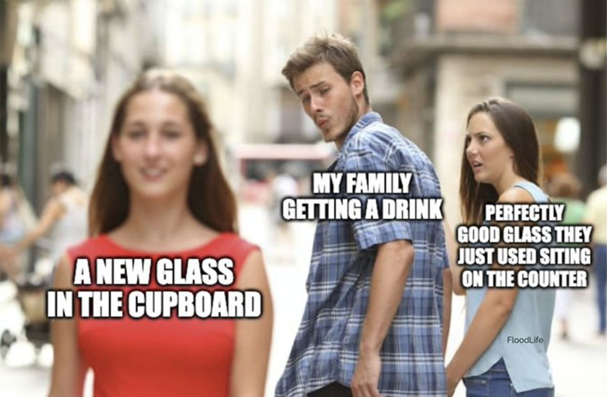 distracted boyfriend meme

A new glass in the cupboard

My family getting a drink

perfectly good glass they just used sitting on the counter.