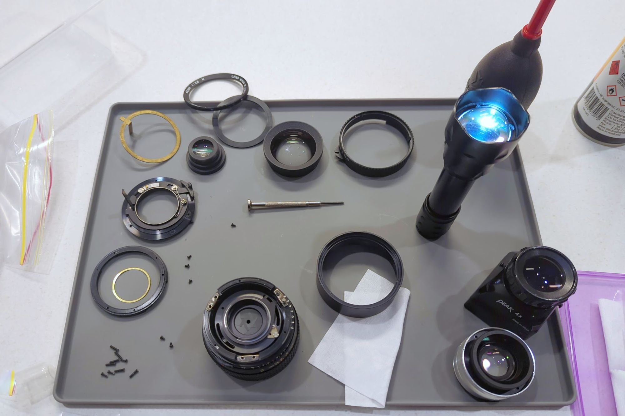 Picture of a partly disassembled, medium format camera lens.