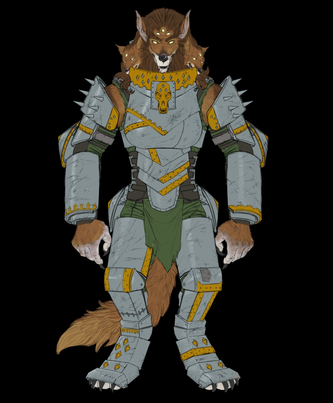 Ighasla Altmen, aka The Victorious Knife, viewed from the front in her full scrap-metal armor, in .PNG format.