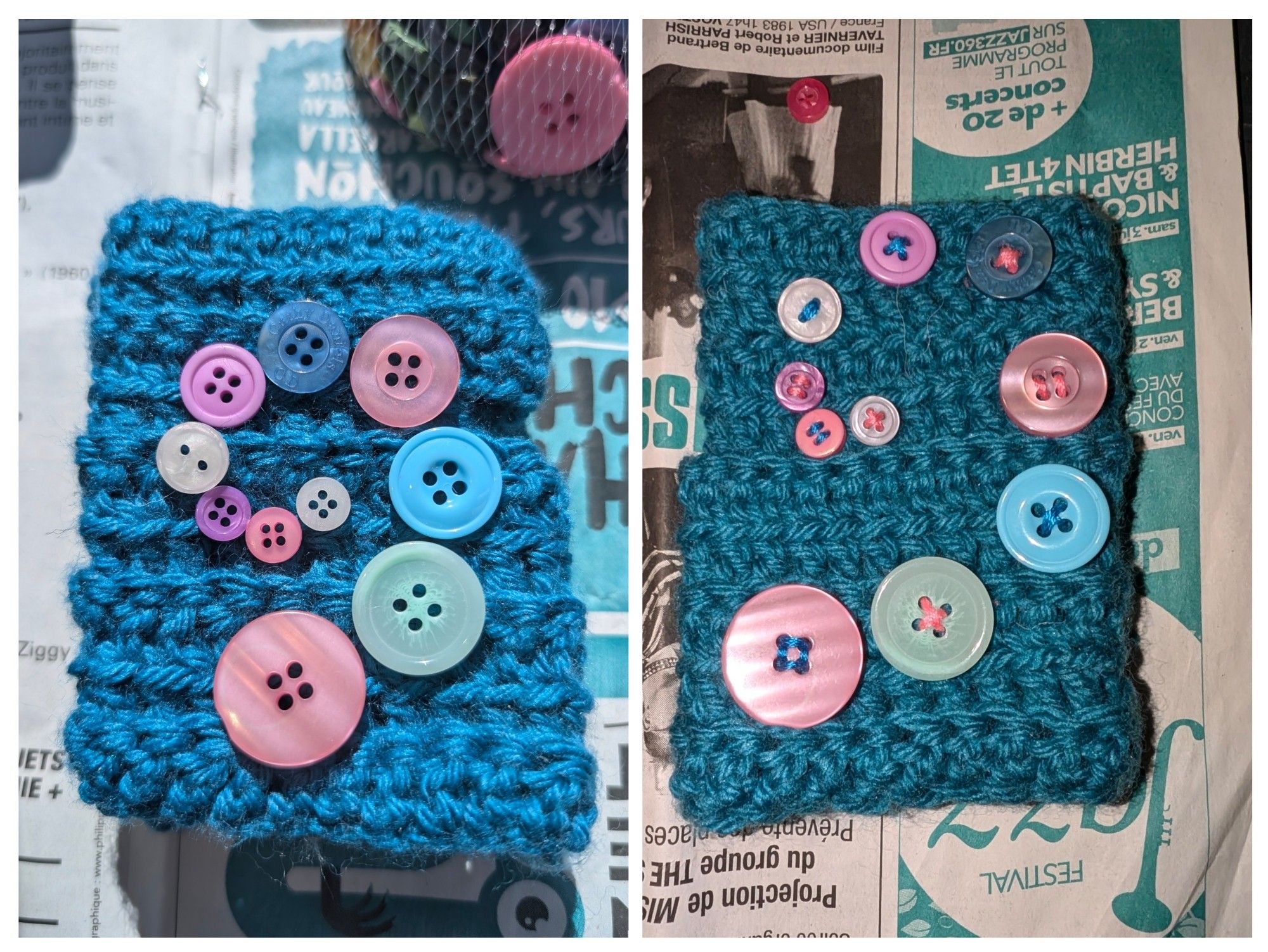 Comparison between 2 pics of a handmade crochet handwarmer in vibrant blue.
On the left : a spiral made of several buttons from different sizes and colours
On the right : the same spiral looking a bit different with all the buttons sewn in