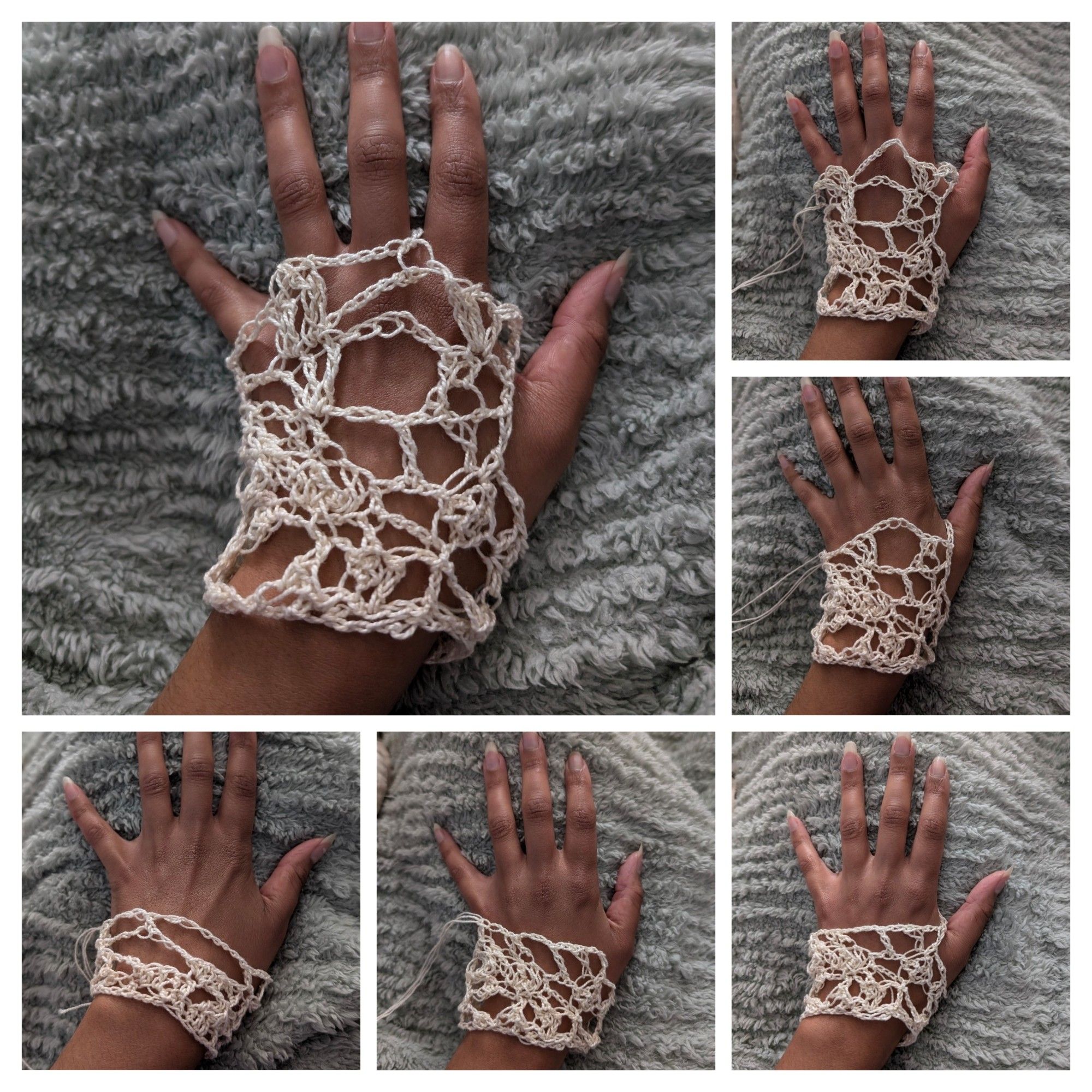 Collage of 6 pics showing the progress on a hand of a crochet handwarmer made with white/cream thread