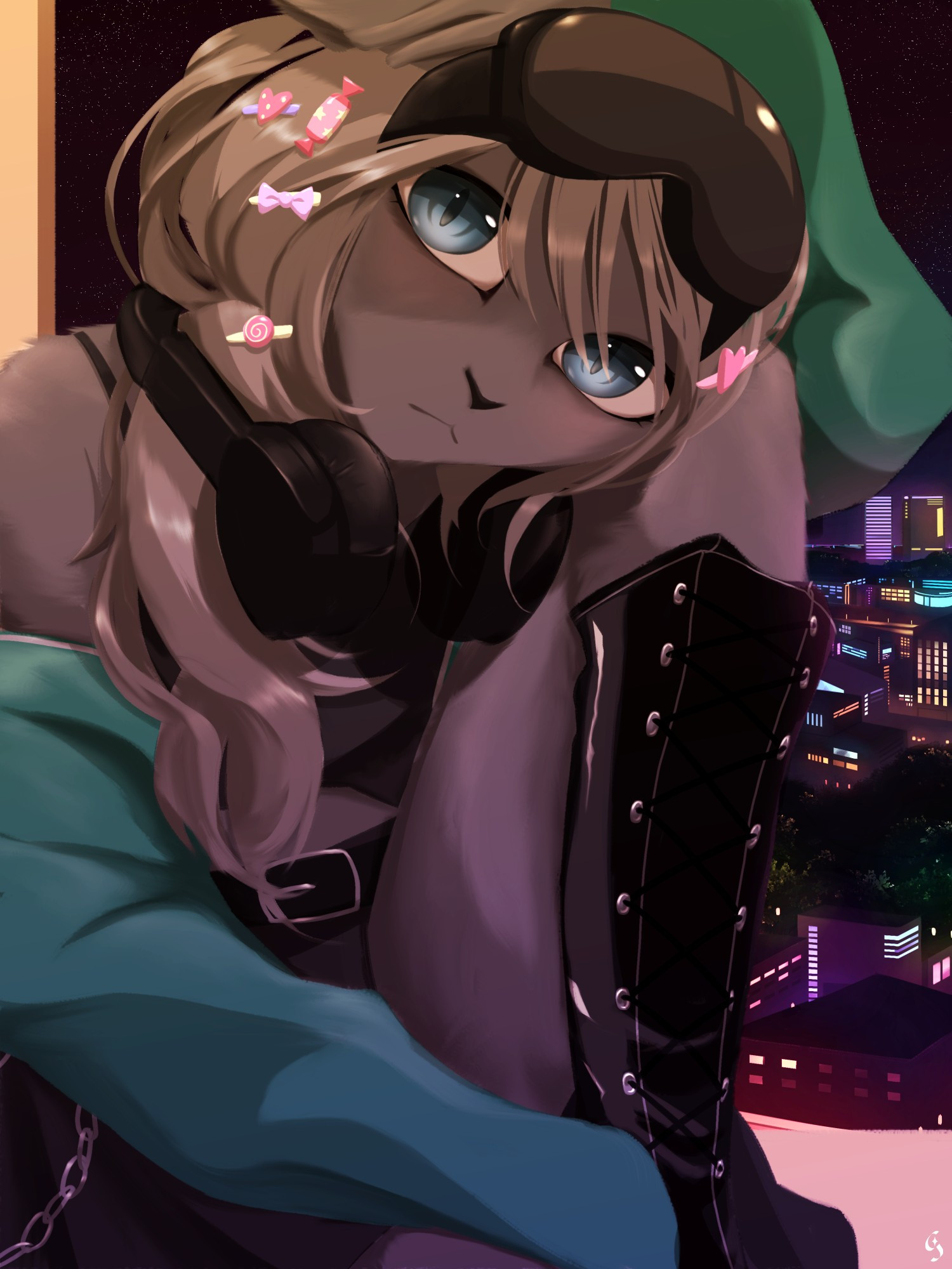 artwork of an anthropomorphic russian blue cat in streetwear outfit, sitting by the window, with a view of a bright cityscape illuminating the night sky