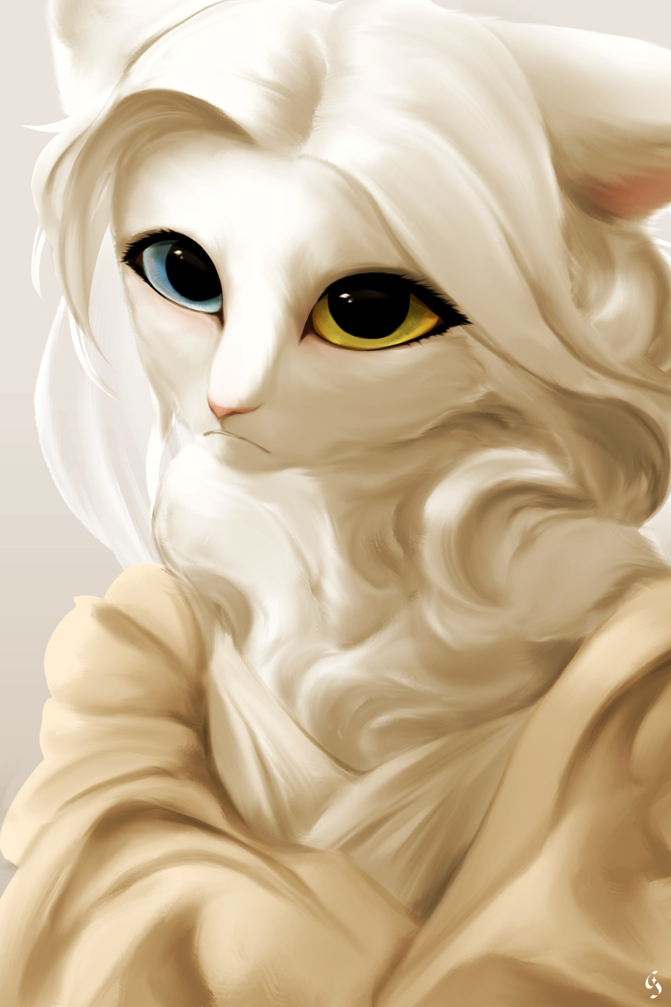 A tender artwork of Van Carina, an anthropomorphic turkish van cat with full white fur, and blue and yellow odd eyes, draped in silky beige robe and veil, looking longingly.