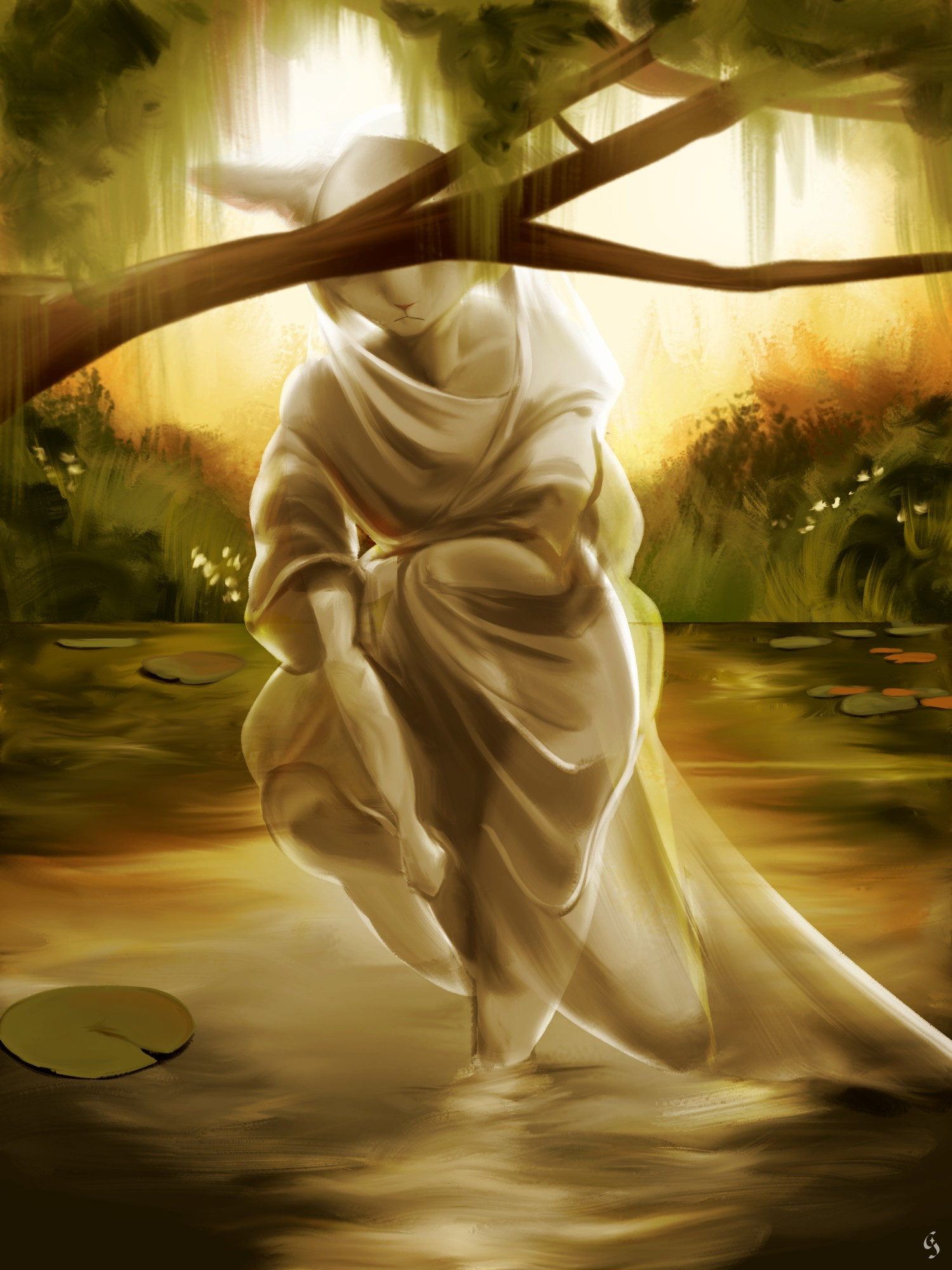 artwork of an anthropomorphic turkish van cat in silky garments in a bayou, holding them from getting wet by the swampy pond, her eyes concealed by a low hanging branch.