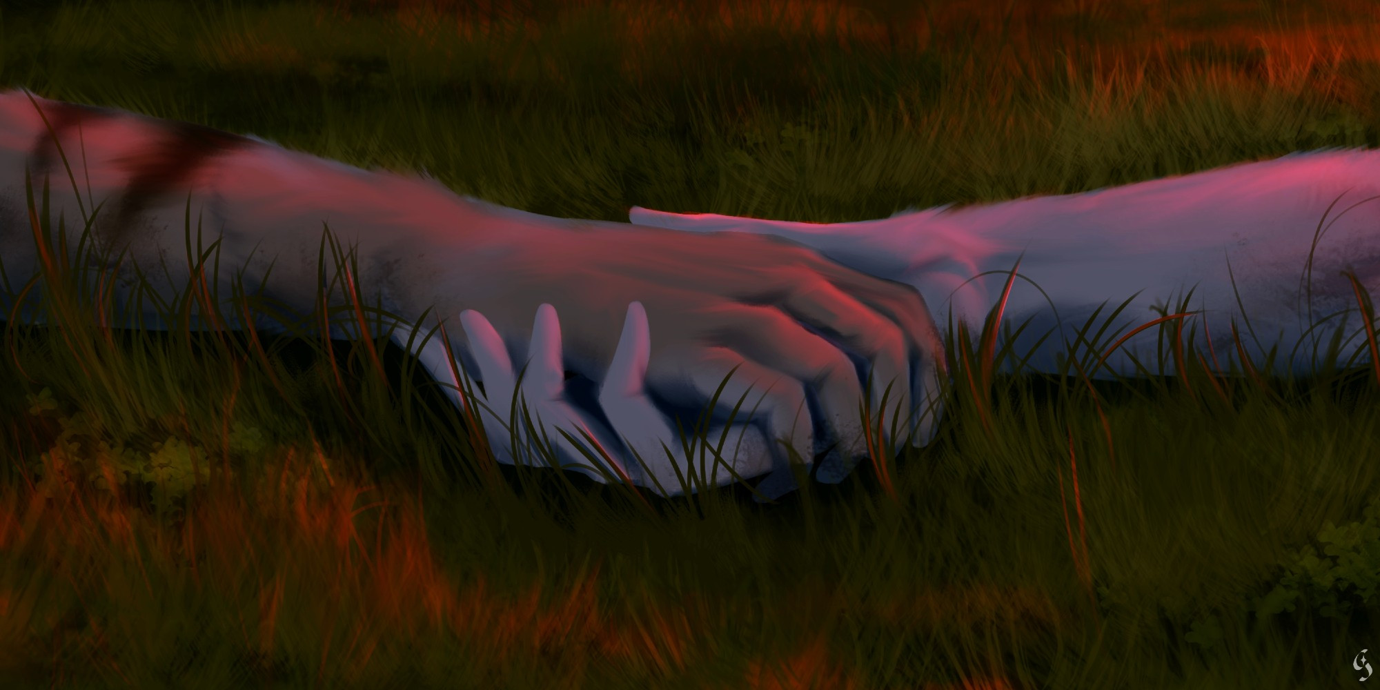 A heartfelt artwork of two anthropomorphic cats, named Cooper and Van. Only their arms are visible, with their hands embracing as they lay on the grassy ground in a late evening.