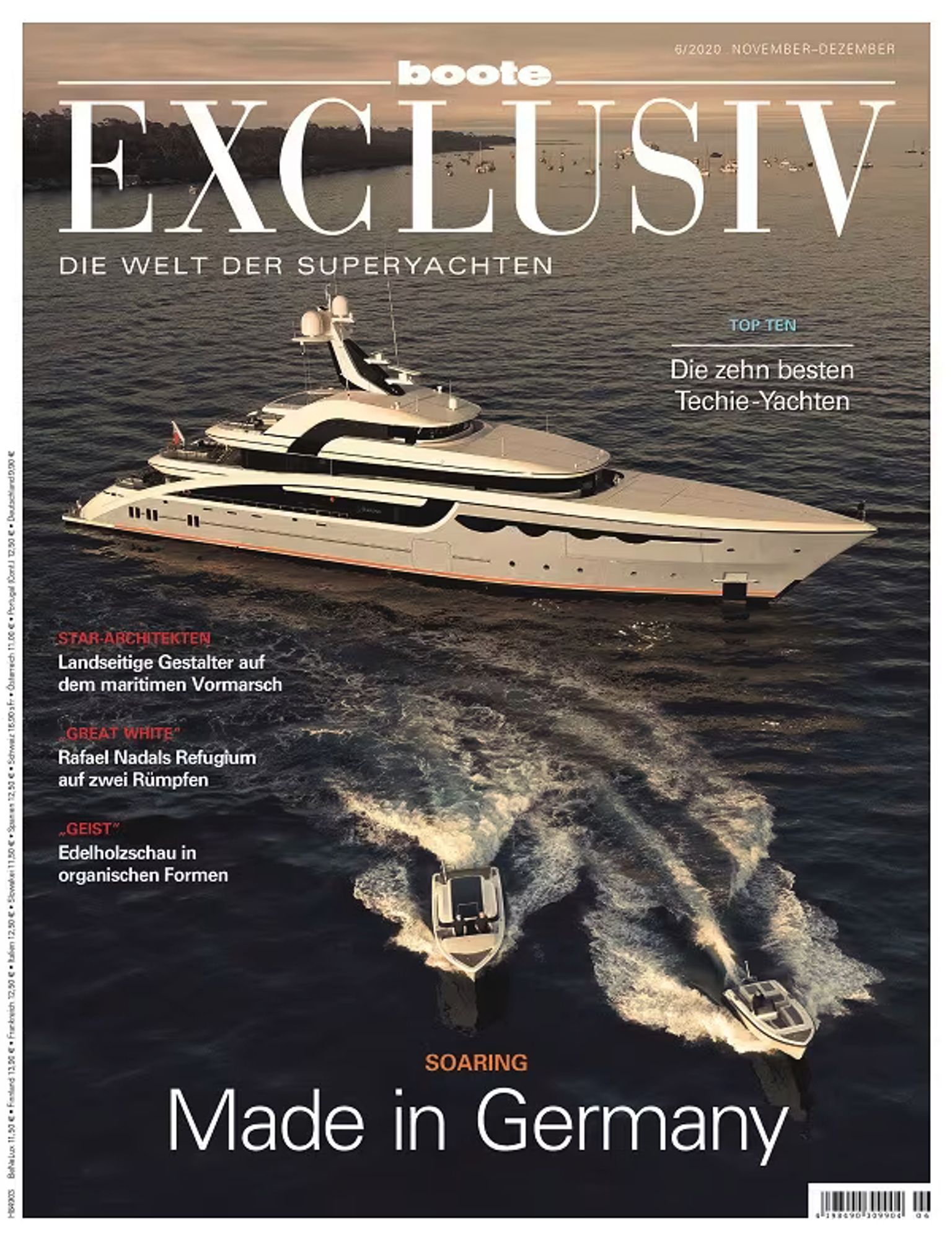 ein weiteres cover der PRINTAUSGABE (!!!!) von "Boote Exclusiv" bzw. "boote EXCLUSIV - DIE WELT DER SUPERYACHTEN". Wir sehen einen weiteren Kahn, der aussieht wie ein Bügeleisen vom Raumschiff Enterprise, und zwei Babykähne, die vor ihm davonfliehen. Eine typische Szene in dysfunktionalen Yachtfamilien, und bezeichnenderweise mit "SOARING - Made in Germany" betitelt