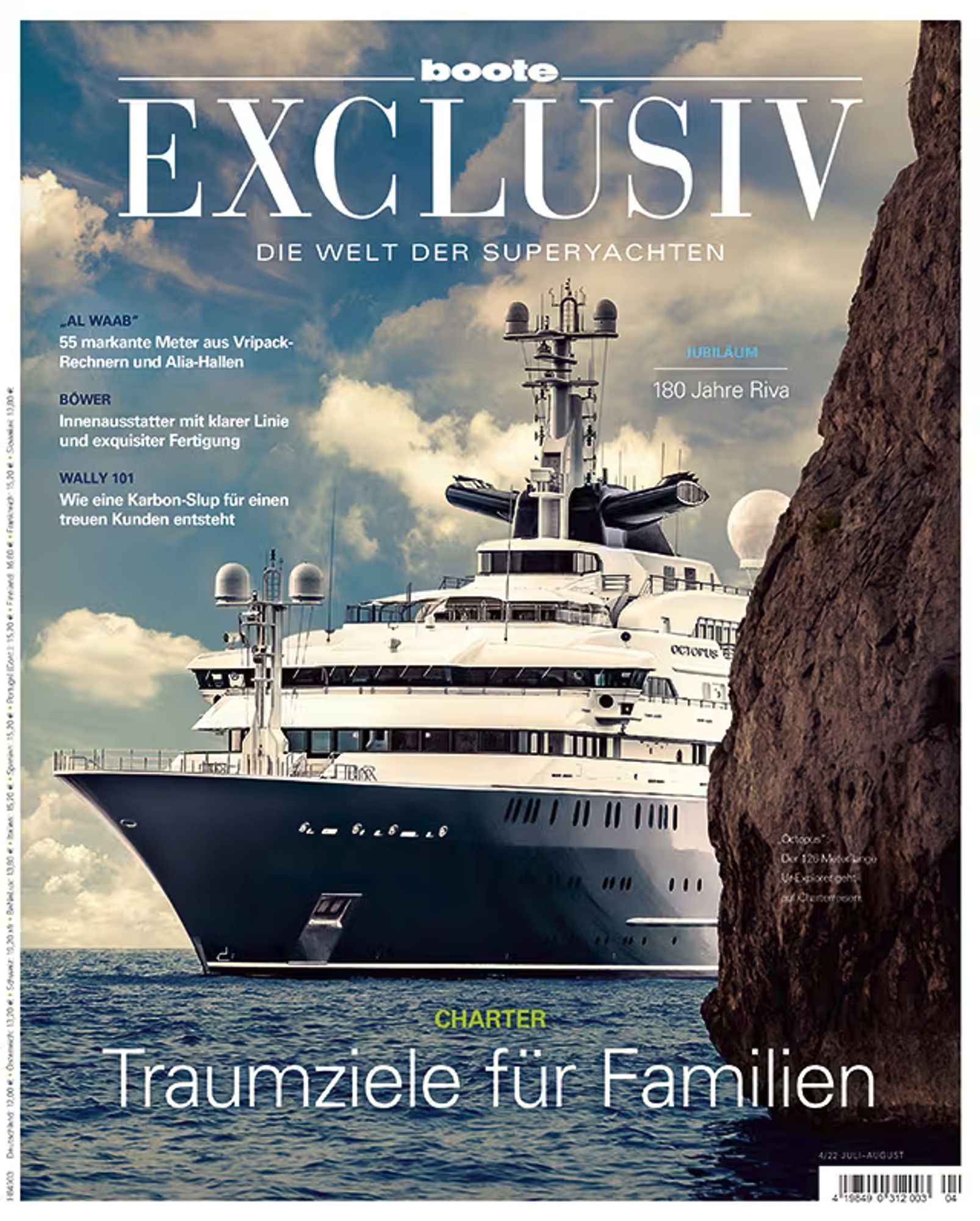 Cover von, na klar, boote EXCLUSIV. Diesmal lugt ein EVER GIVEN-großer Megakahn schüchtern hinter einer Küstenklippe hervor, mehr Radardome als ich Hoden. Titel: "CHARTER - Traumziele für Familien", um den Lesern zur Ferienzeit auch Service-Content zu bieten