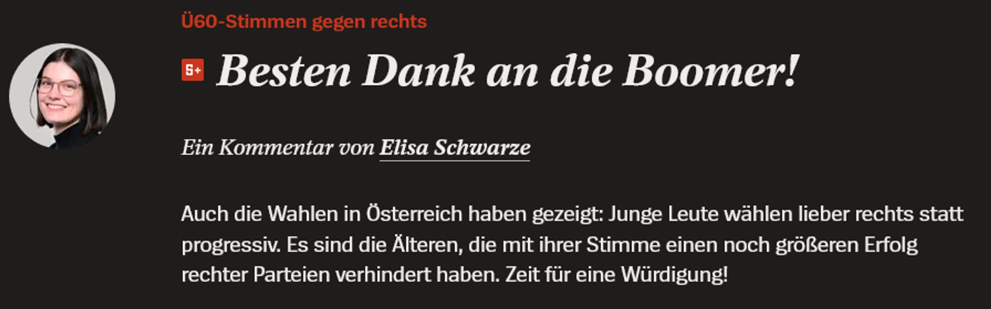 Ü60-Stimmen gegen rechts
Besten Dank an die Boomer!
Ein Kommentar von Elisa Schwarze
Auch die Wahlen in Österreich haben gezeigt: Junge Leute wählen lieber rechts statt progressiv. Es sind die Älteren, die mit ihrer Stimme einen noch größeren Erfolg rechter Parteien verhindert haben. Zeit für eine Würdigung!