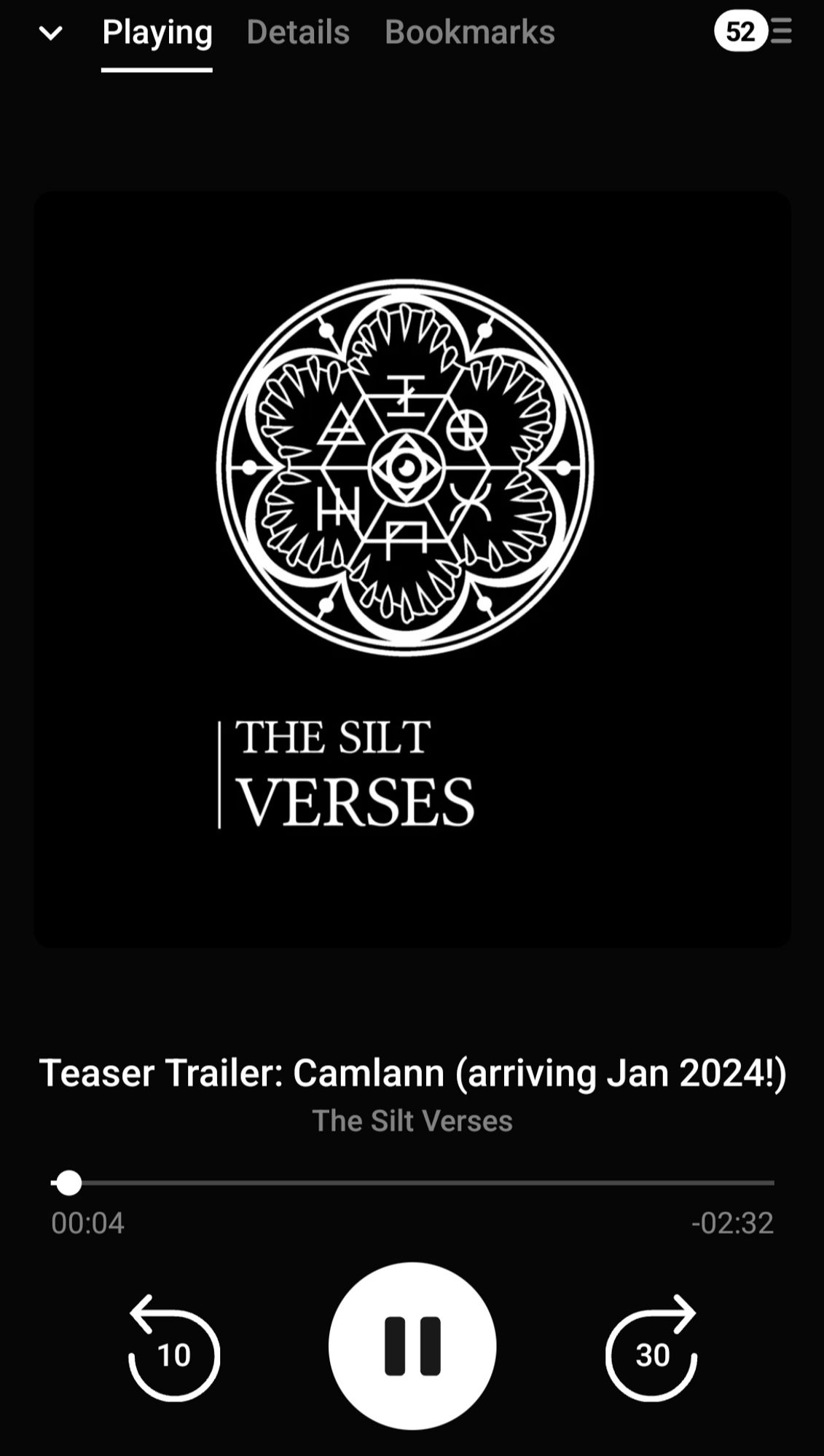 A screenshot of an episode of The Silt Verses in a podcast app titled "Teaser Trailer: Camlann (arriving Jan2024!)"