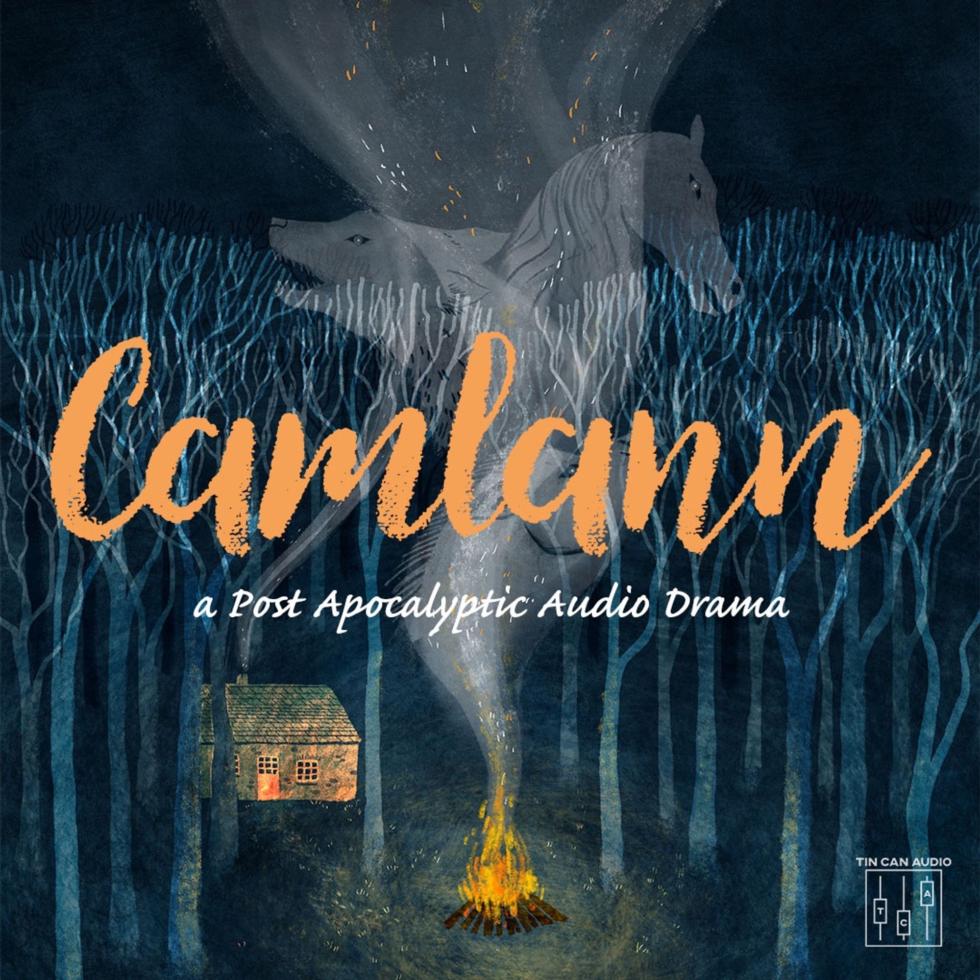 The cover art for Camlann. It shows a dark blue forest with a stone cottage and a fire in the centre of the image, emitting smoke in the shape of a boar, dog and horse.