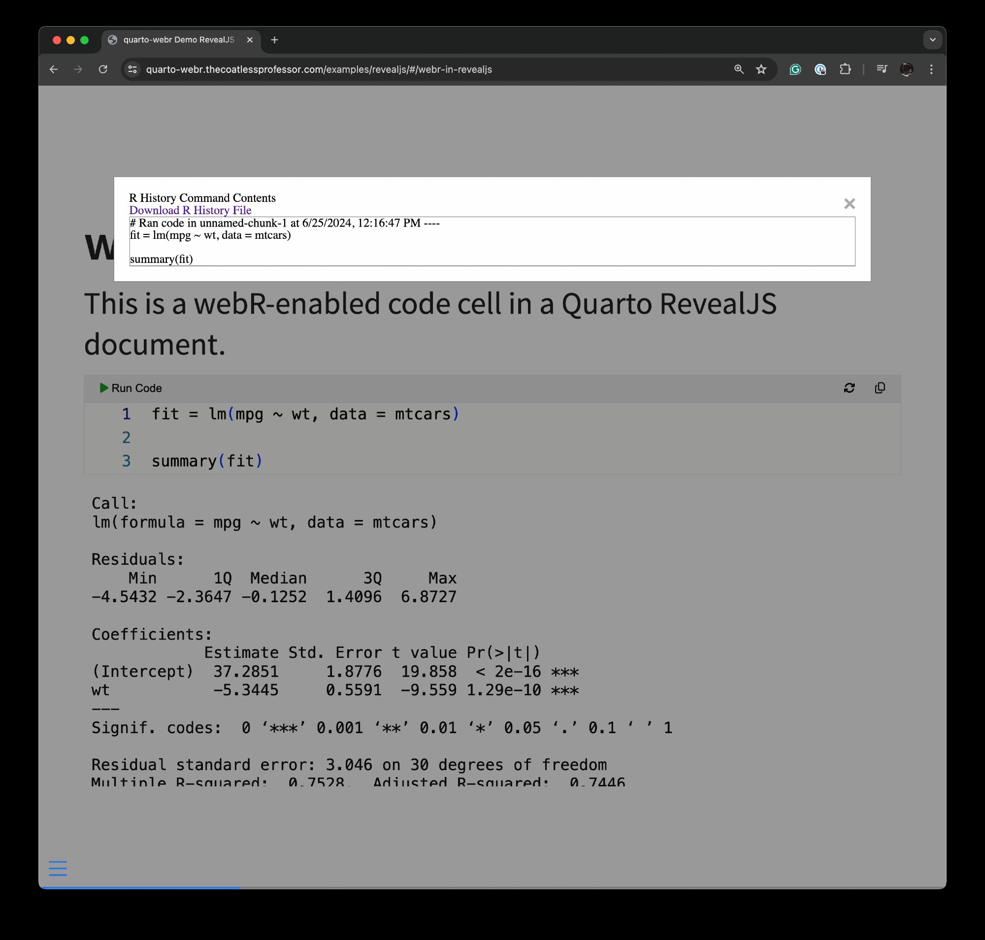 A screenshot showcasing the new R Command history option available through the community {quarto-webr} extension. Accessing the "Tools" menu in RevealJS triggers a pop-up modal showing all commands run in the document's session. Moreover, we can download the history and re-run the commands locally.