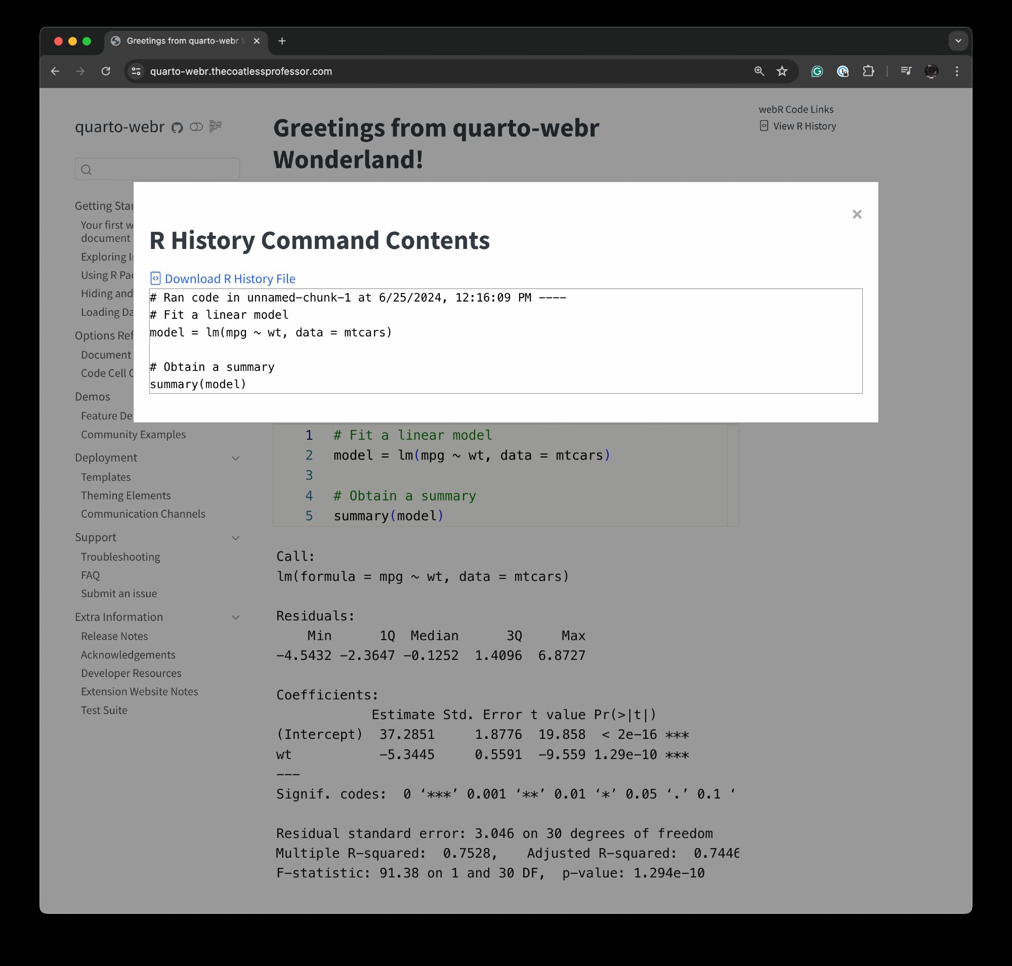 A screenshot showcasing the new R Command history option available through the community {quarto-webr} extension. Selecting View R History on the right side triggers a pop-up modal showing all commands run in the document's session. Moreover, we can download the history and re-run the commands locally.