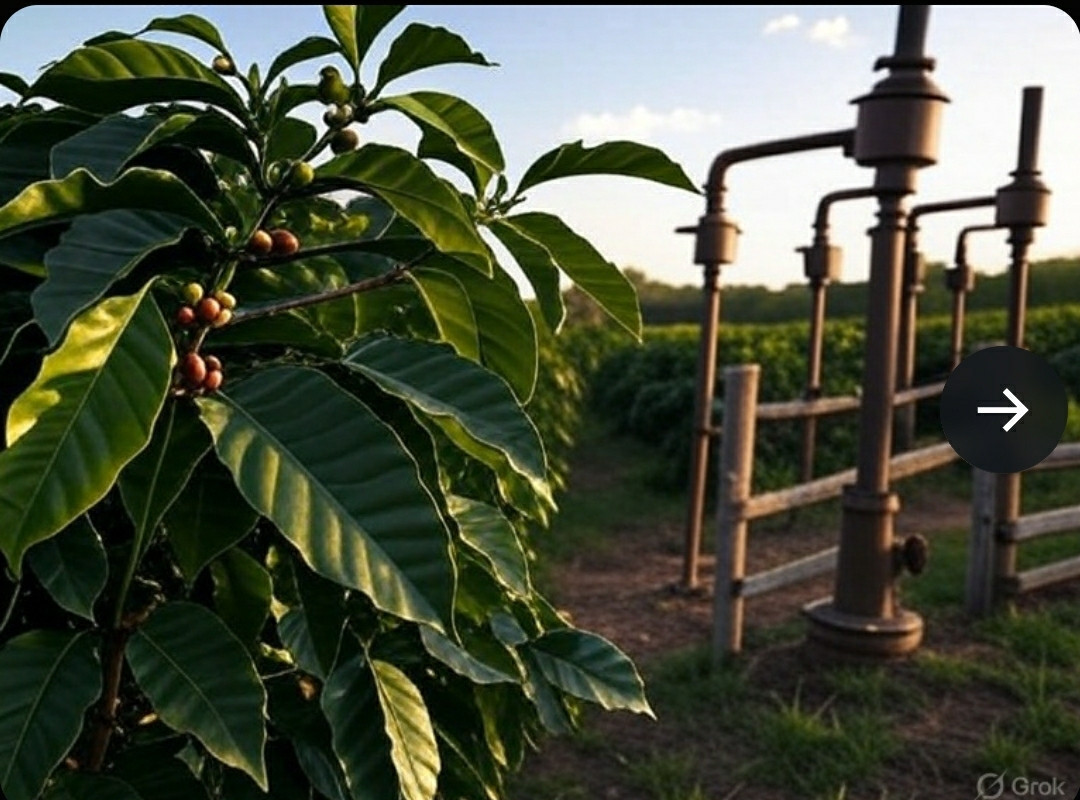 AI Image of a coffee plantation amongst texan oil pumps.