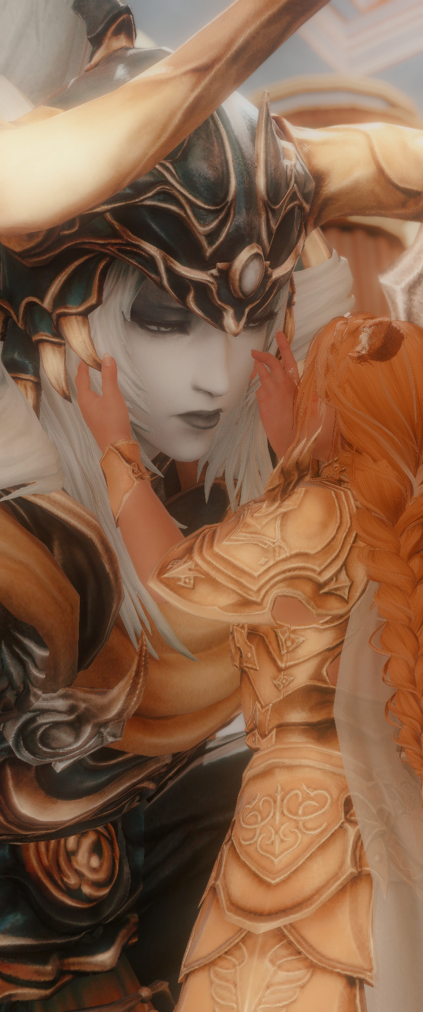 A golden-armored miqo'te touches Elidibus' face in his Warrior of Light form, sharing an intimate moment