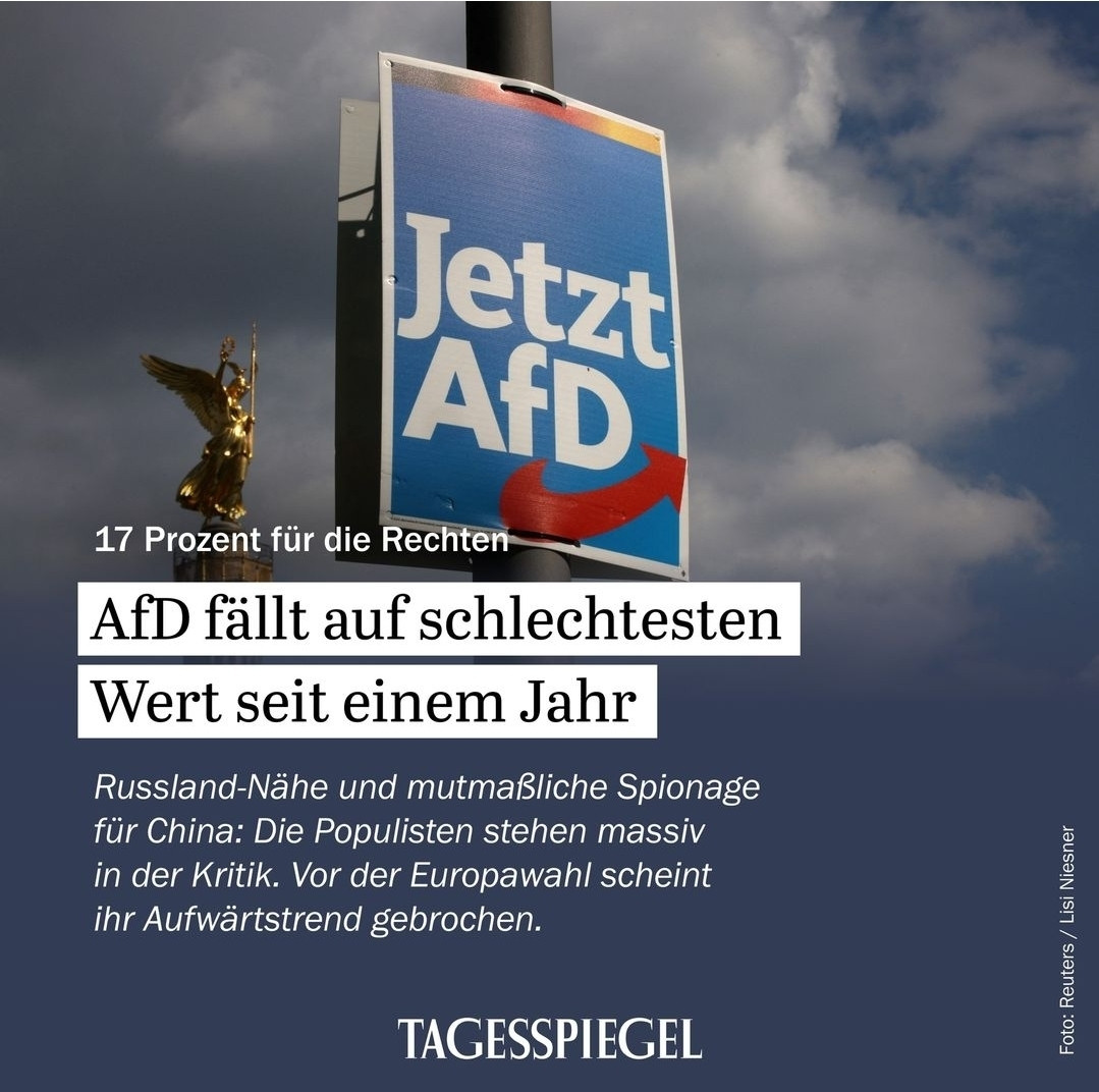 Tagesspiegel: AfD fällt auf schlechtesten Wert seit einem Jahr (17 Prozent)