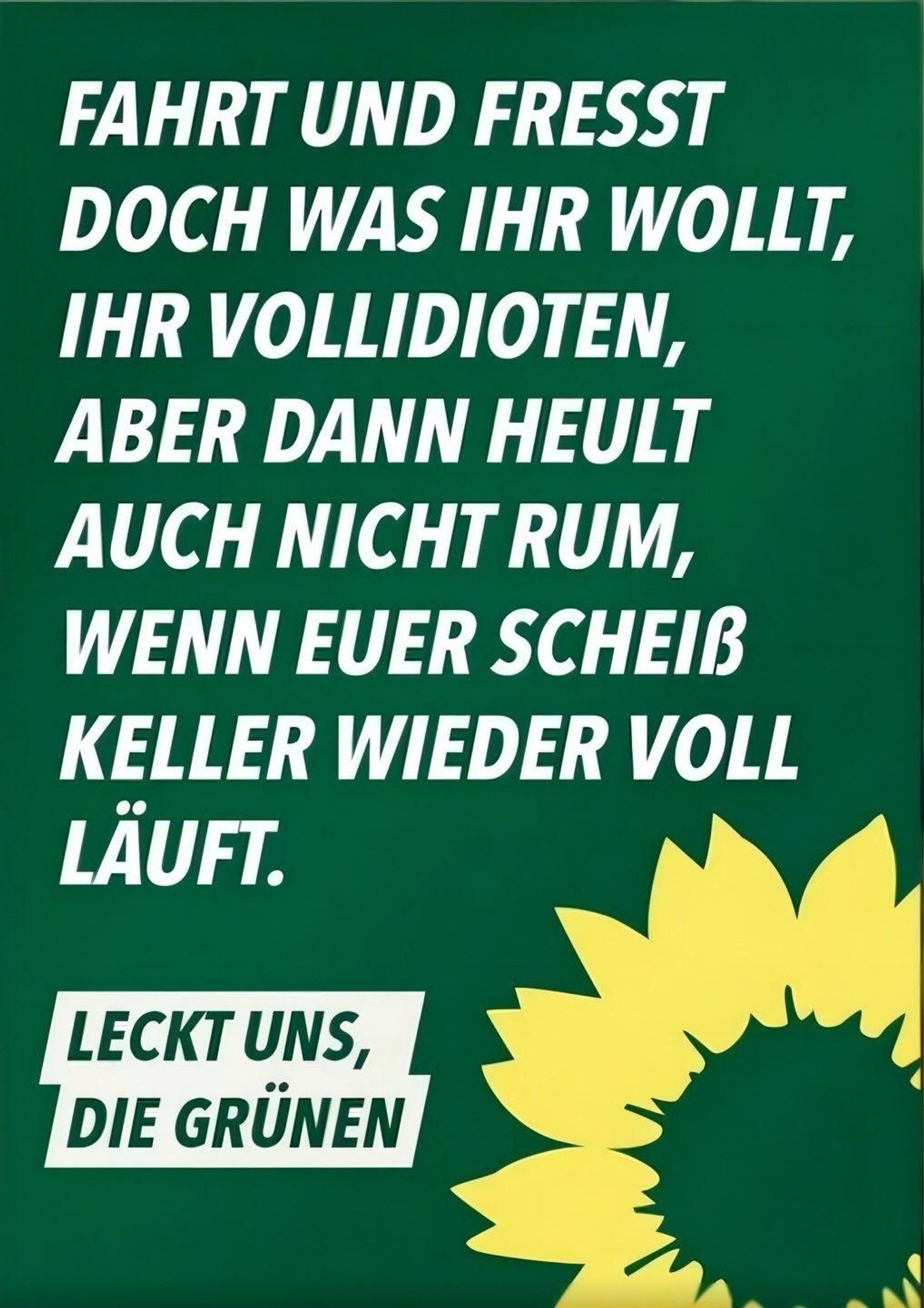 "Fahrt und fresst doch was ihr wollt, ihr Vollidioten, aber dann heult nicht rum, wenn euer scheiß Keller wieder voll läuft. 

Leckt uns, Die Grünen"