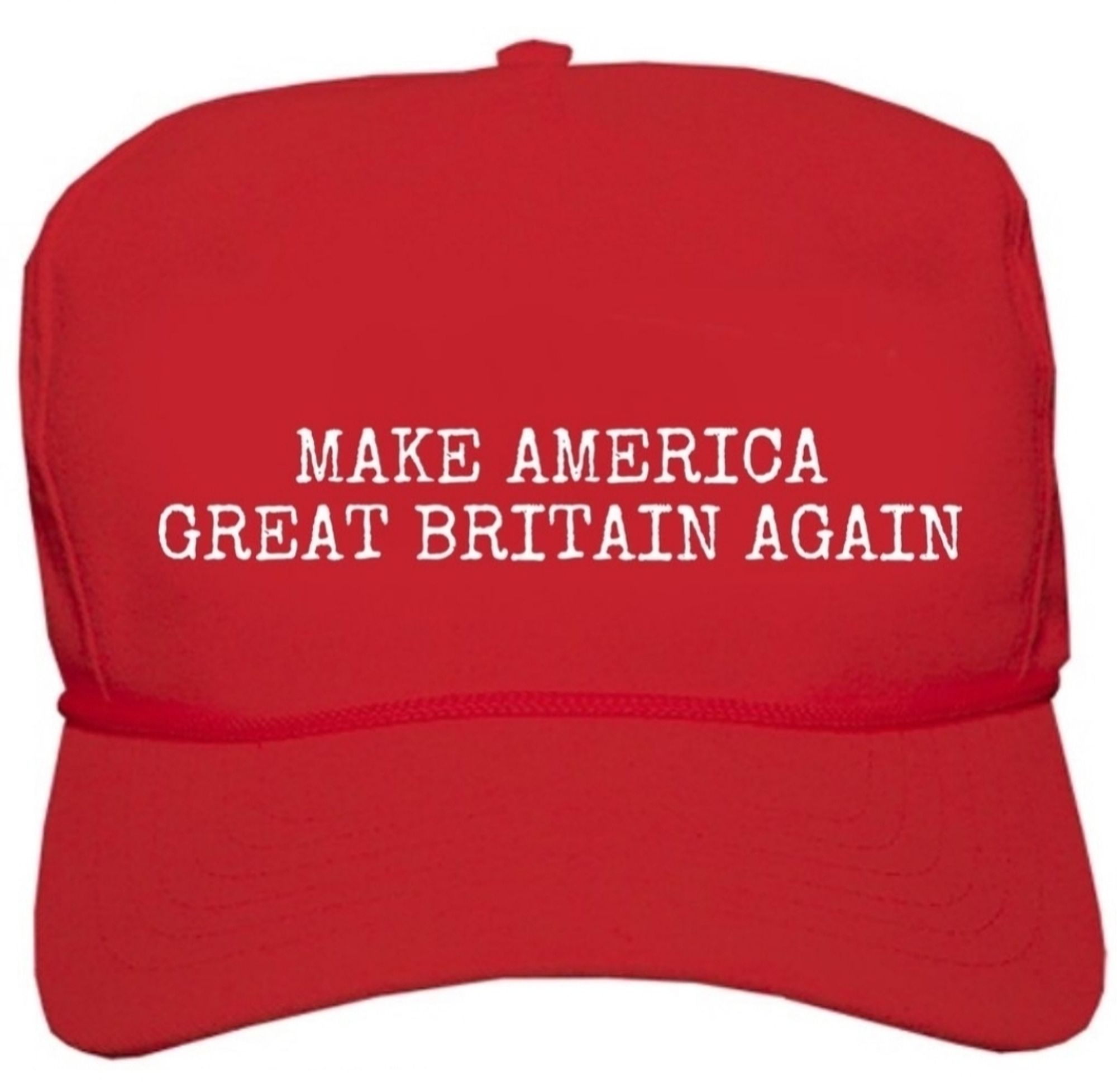 Eine rote Basecap in MAGA-Optik mit der Aufschrift "Make America Great Britain again"