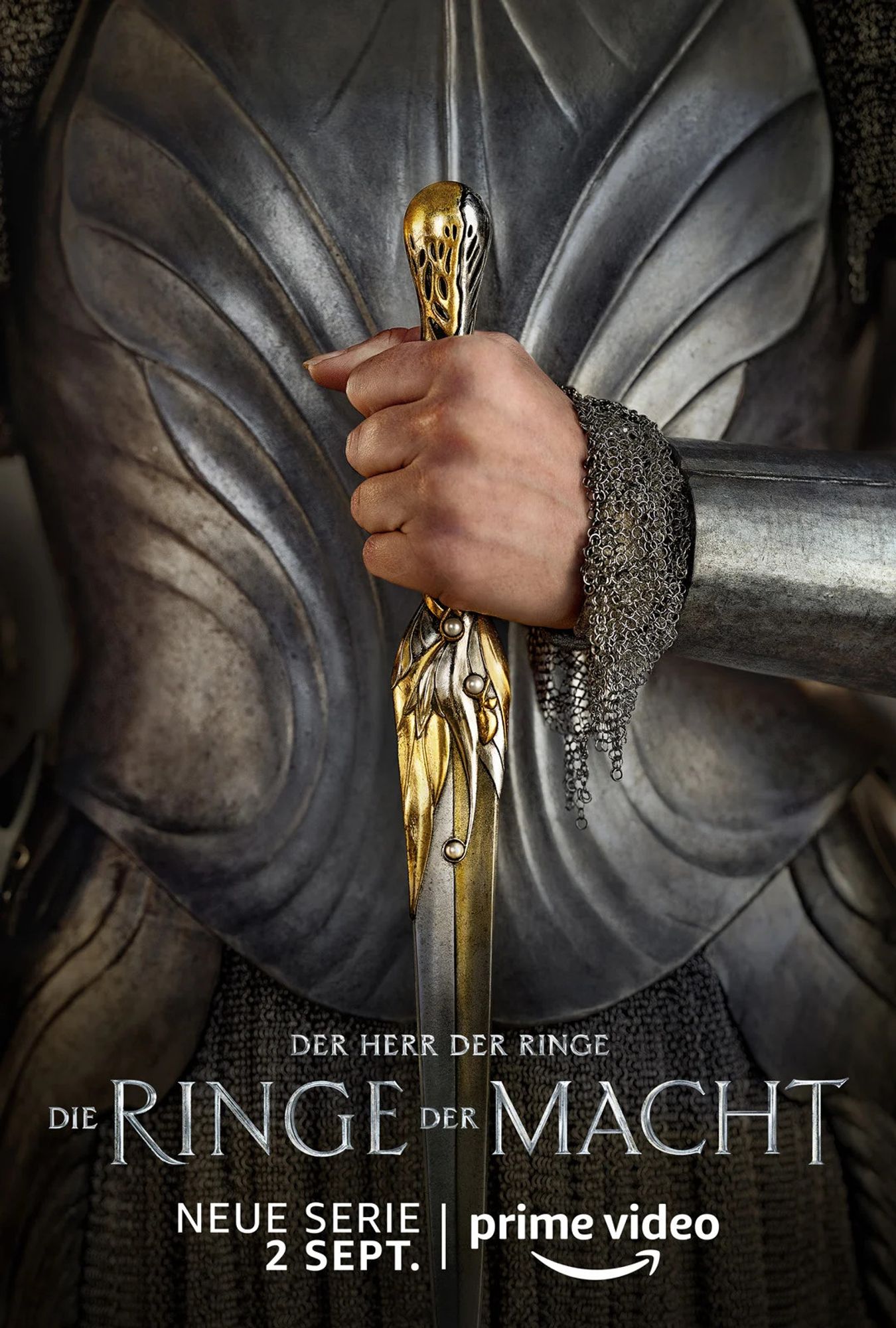 Titelbild Schwert, Hand, Rüstung: "Der Herr der RInge - Ringe der Macht" (Serie Amazon Prime)