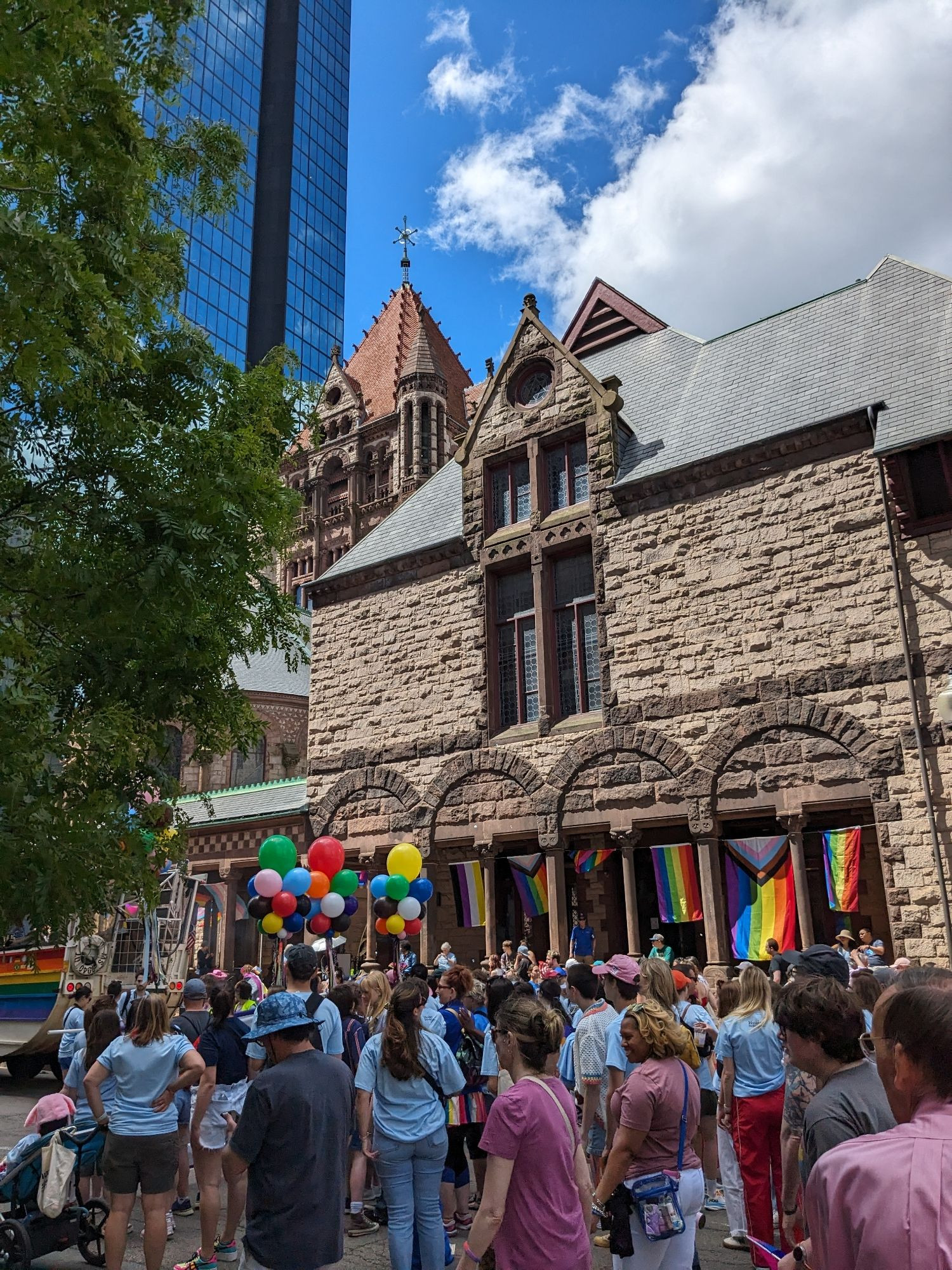 One of the historic churches in Copley decked with flags