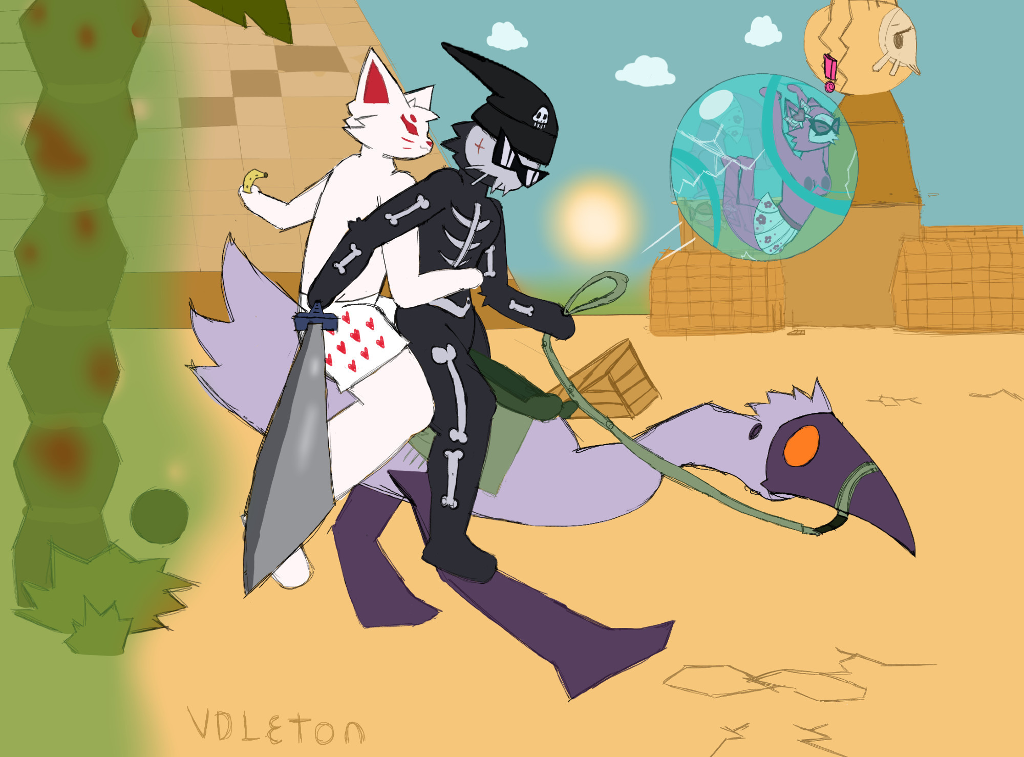 Drawing of a white anthropomorphic fox and a skullcat from the game super animal royale riding an emu in the desert while another pink skullcat is rolling inside a hamster ball in the background