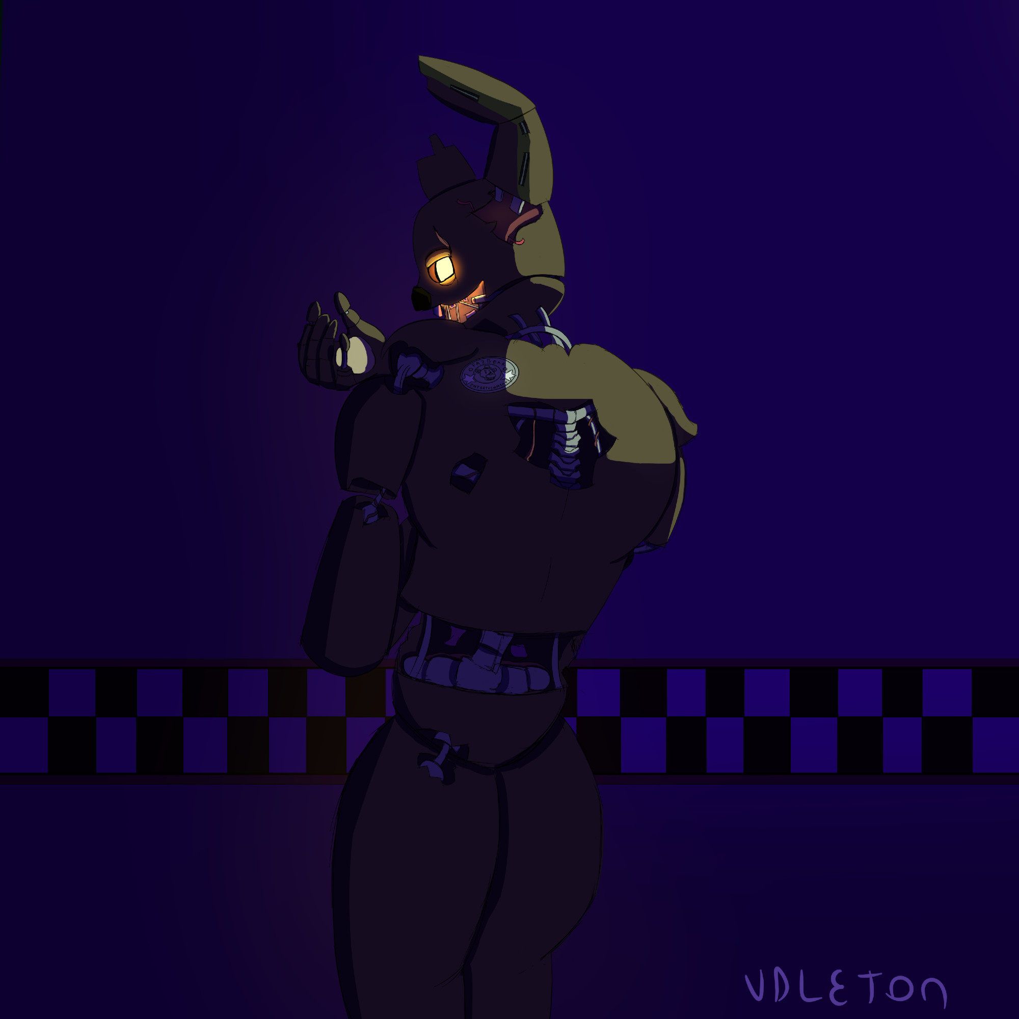 A drawing of springtrap from fnaf striking a pose in a dark room with his back to the viewer