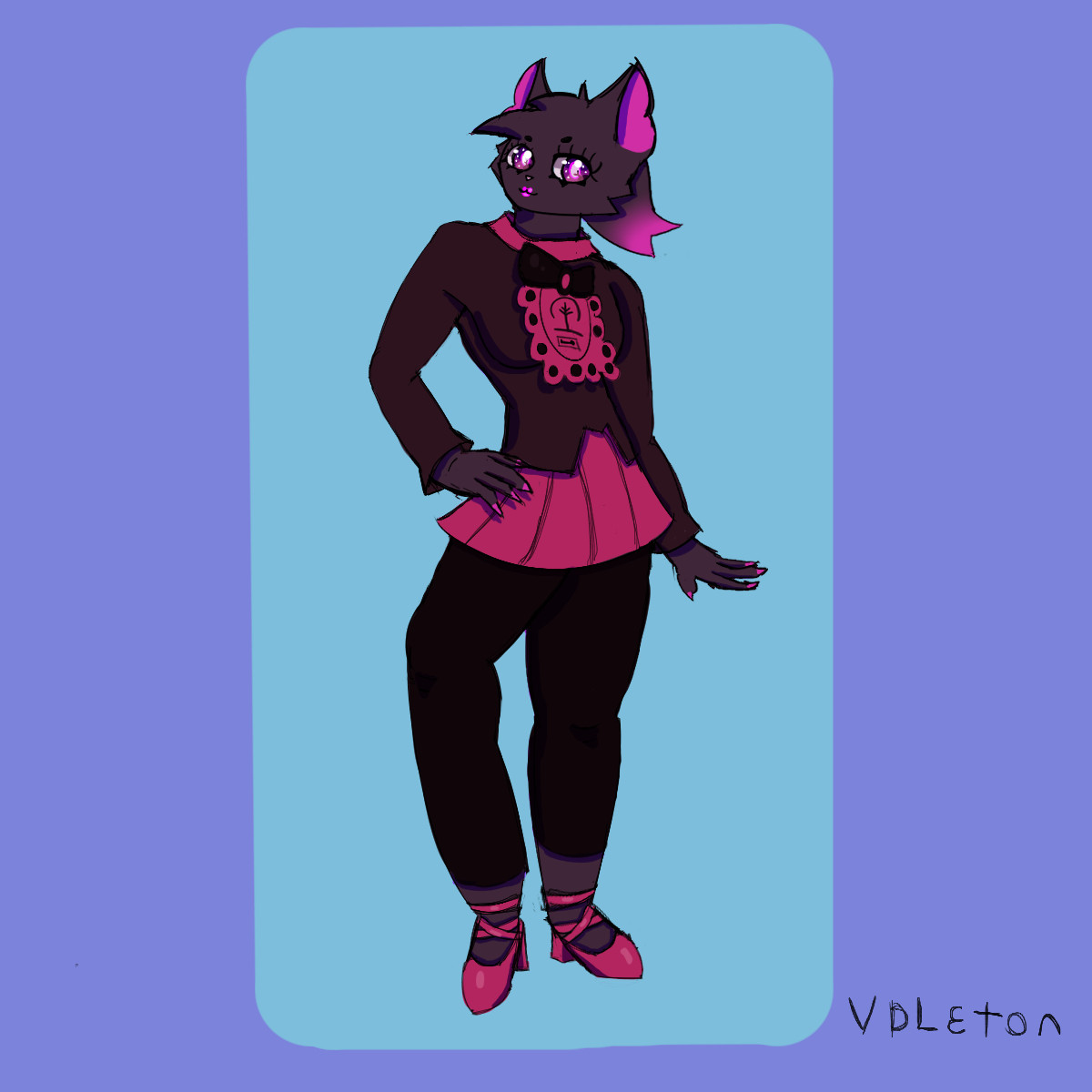 drawing of an anthropomorphic cat with lipstick posing while wearing black and pink clothing including a shirt, bow, skirt and heels.