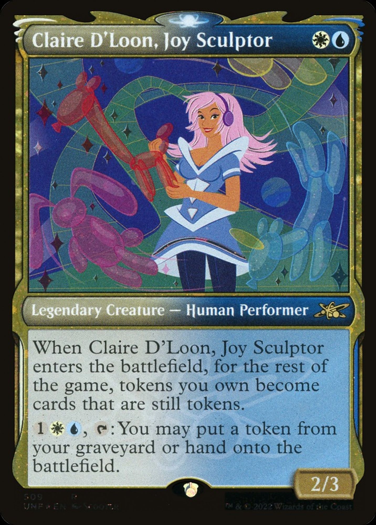 Magic Card: Claire D'Loon, Joy Sculptor
Mana Cost: WU
Typeline: Legendary Creature - Human Performer
Power/Toughness: 2/3
When Claire D'Loon, Joy Sculptor enters the battlefield, for the rest of the game, tokens you own become cards that are still tokens. (They continue to exist after they leave the battlefield.)
{1}{W}{U}, {T}: You may put a token from your graveyard or hand onto the battlefield.