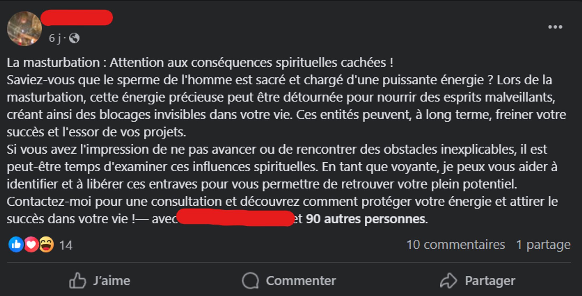 Une pseudo voyante qui publie sur Facebook que la masturbation de l'homme pourrait servir à "nourrir des esprits malveillants".