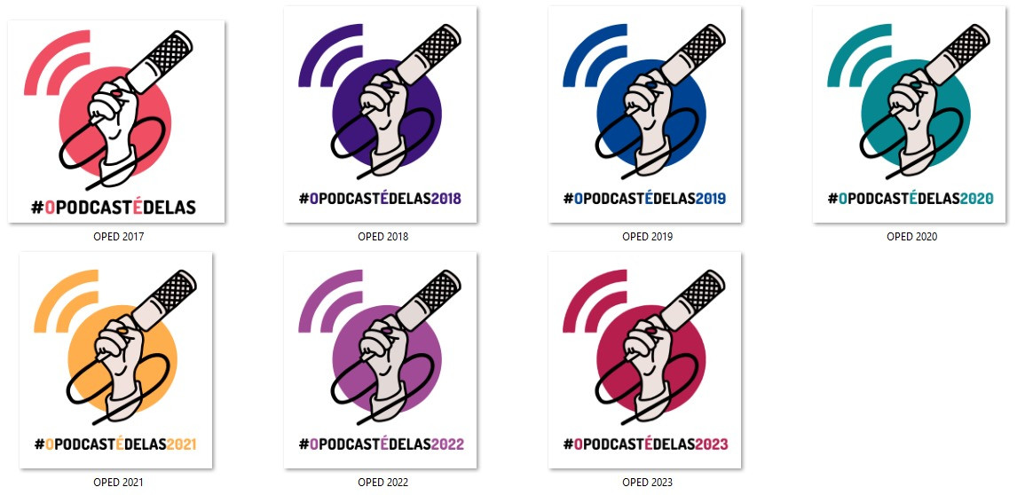 7 logos da campanha #OPodcastÉDelas, dos anos 2017 a 2023, mas cores rosa claro, roxo, azul, verde água, amarelo, lavanda e magenta.