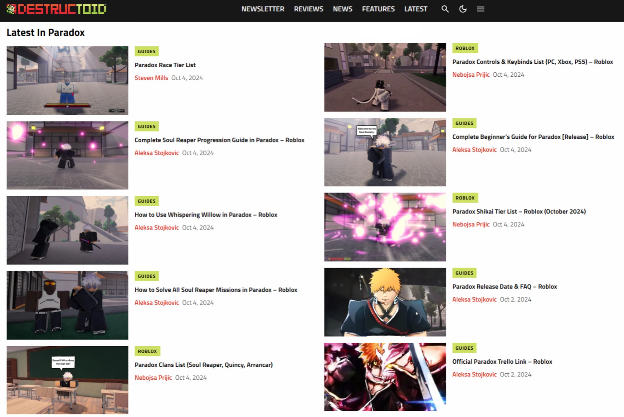 a screenshot of the gaming website destructoid, showing multiple articles titled as "guides" with titles such as "Complete Soul Reaper Progression Guide in Paradox – Roblox," "Paradox Controls & Keybinds List (PC, Xbox, PS5) – Roblox," Paradox Shikai Tier List – Roblox (October 2024)," and "Official Paradox Trello Link – Roblox." almost all of these are dated october 4th, which is the day the roblox game apparently launched