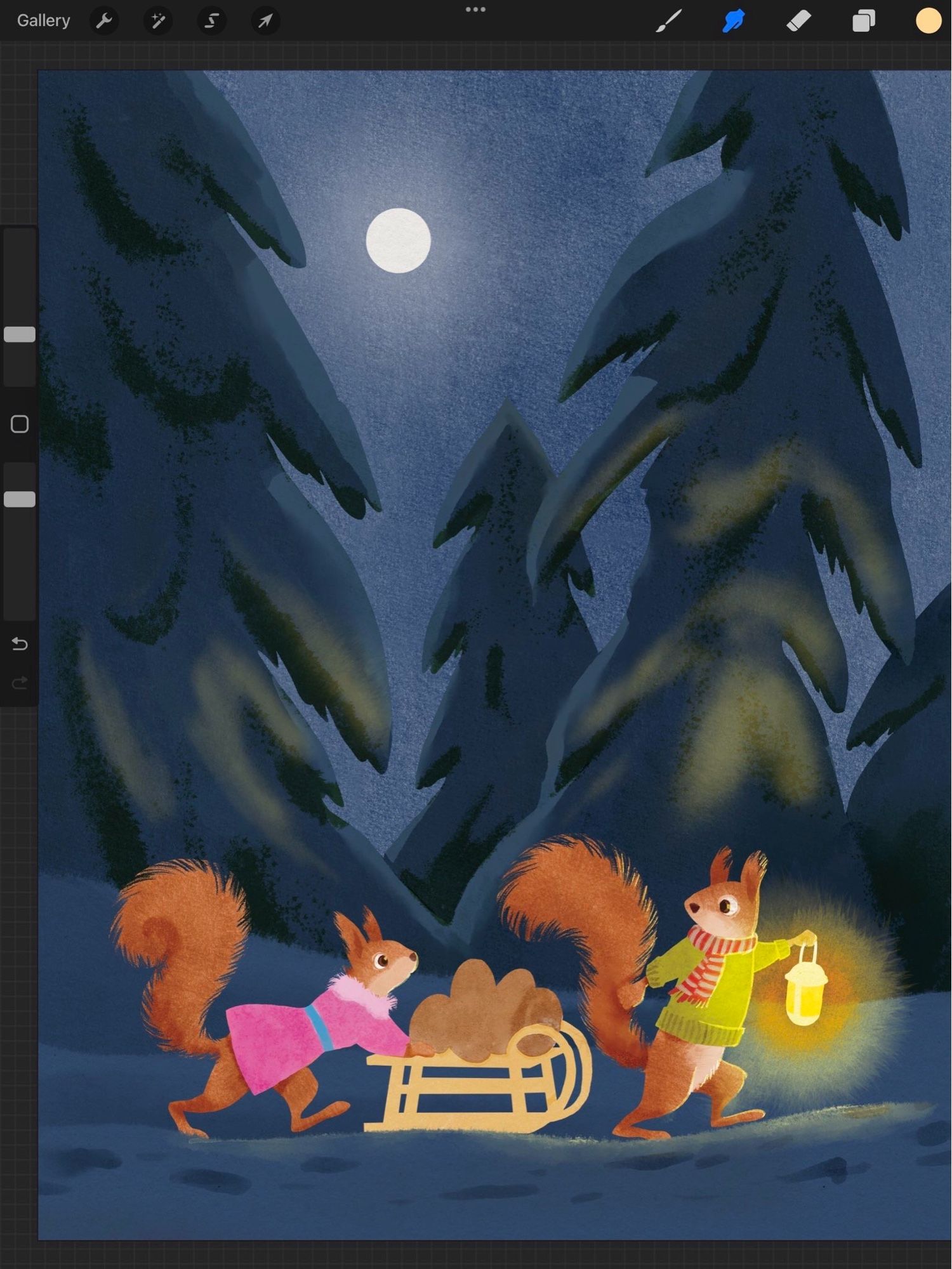 An unfinished digital watercolour illustration of two squirrels pushing a sled with acorns through a snow-blanketed forest with spruce or fir trees.
The squirrel on the right is holding a lantern and will pull the sled on a string (not yet illustrated), the squirrel on the left is pushing the sled.