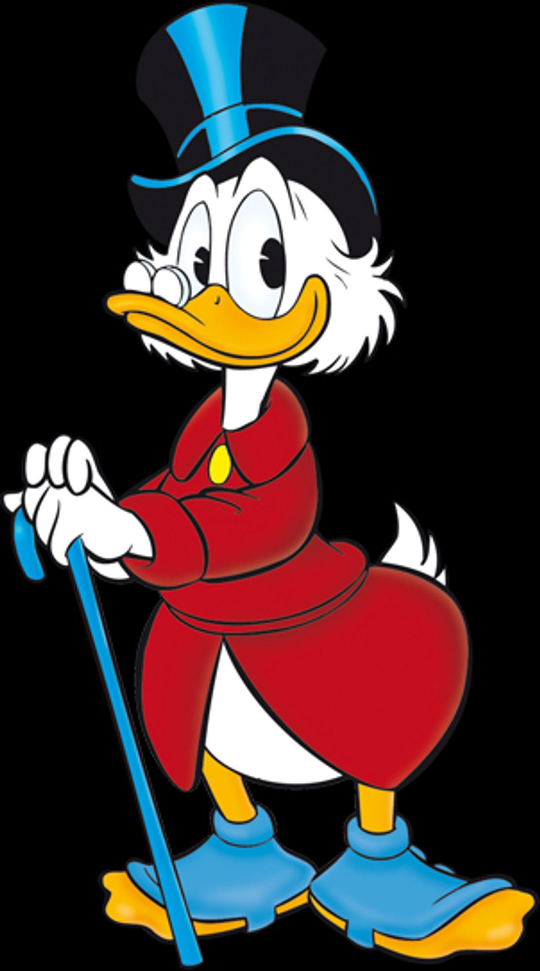 Dagobert Duck (Scrooge McDuck), stehend, auf einen Stock gesützt, mit Zillindert, rotem Gehorck und blauen Gamaschen. Erfolgreicher Entenpreneur aus Entenhausen, reichste Ente der Welt.