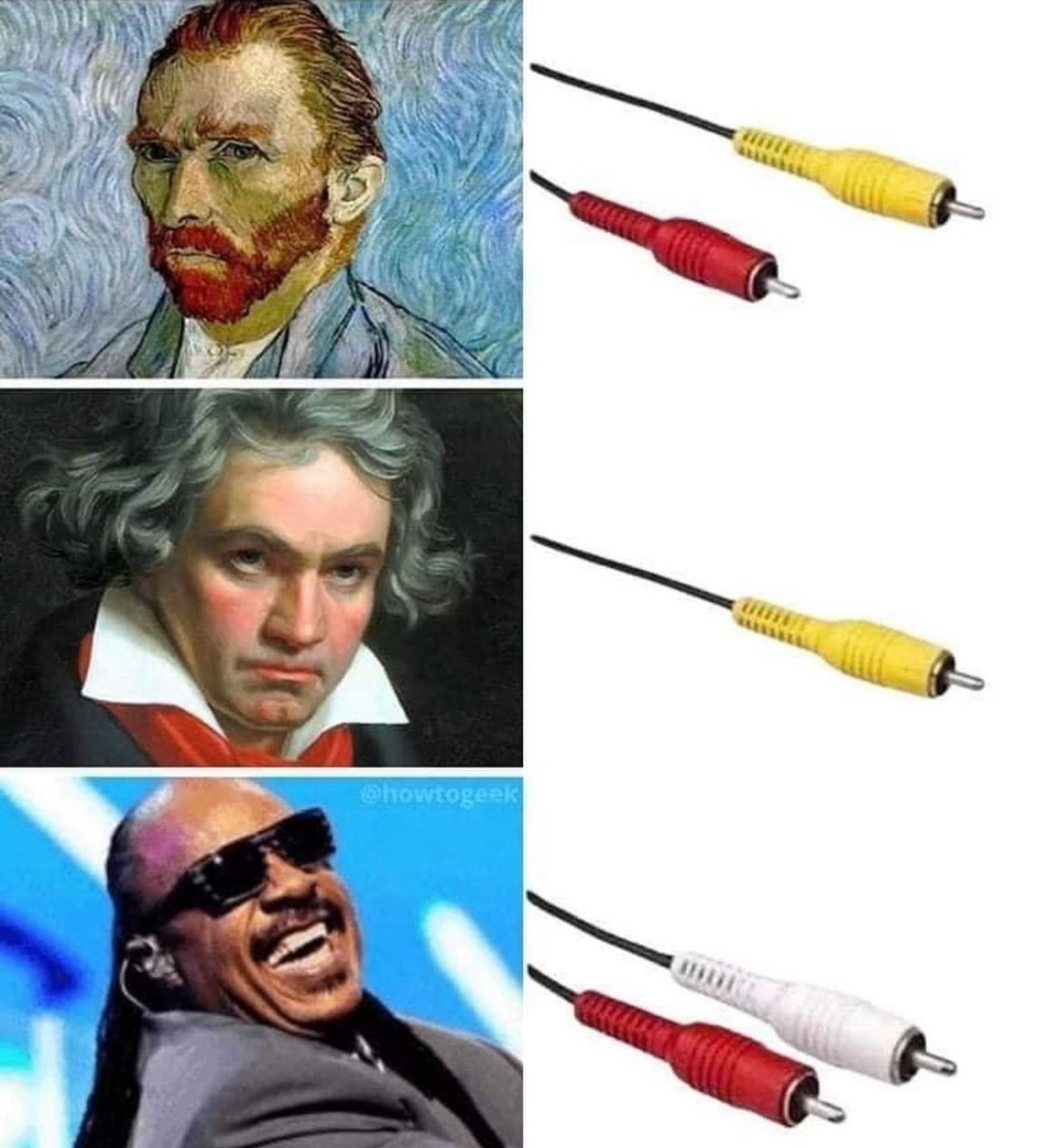 Meme mit Chinch Audio/Composit Video Kabel (RCA)

Bild 1: Selbtbildnis von Vincent Van Gogh, daneben sind das rote (Rechts) Audokabel und das Composit Videokabel zu sehen

Bild 2: Ein Portrait von Ludwig van Beethoven: es ist nur das Composit Videokabel zu sehen

Bild 3. Ein Foto von Stevie Wonder: es sind nur die beiden Audiokabel (Rot und Weiss) zu sehen