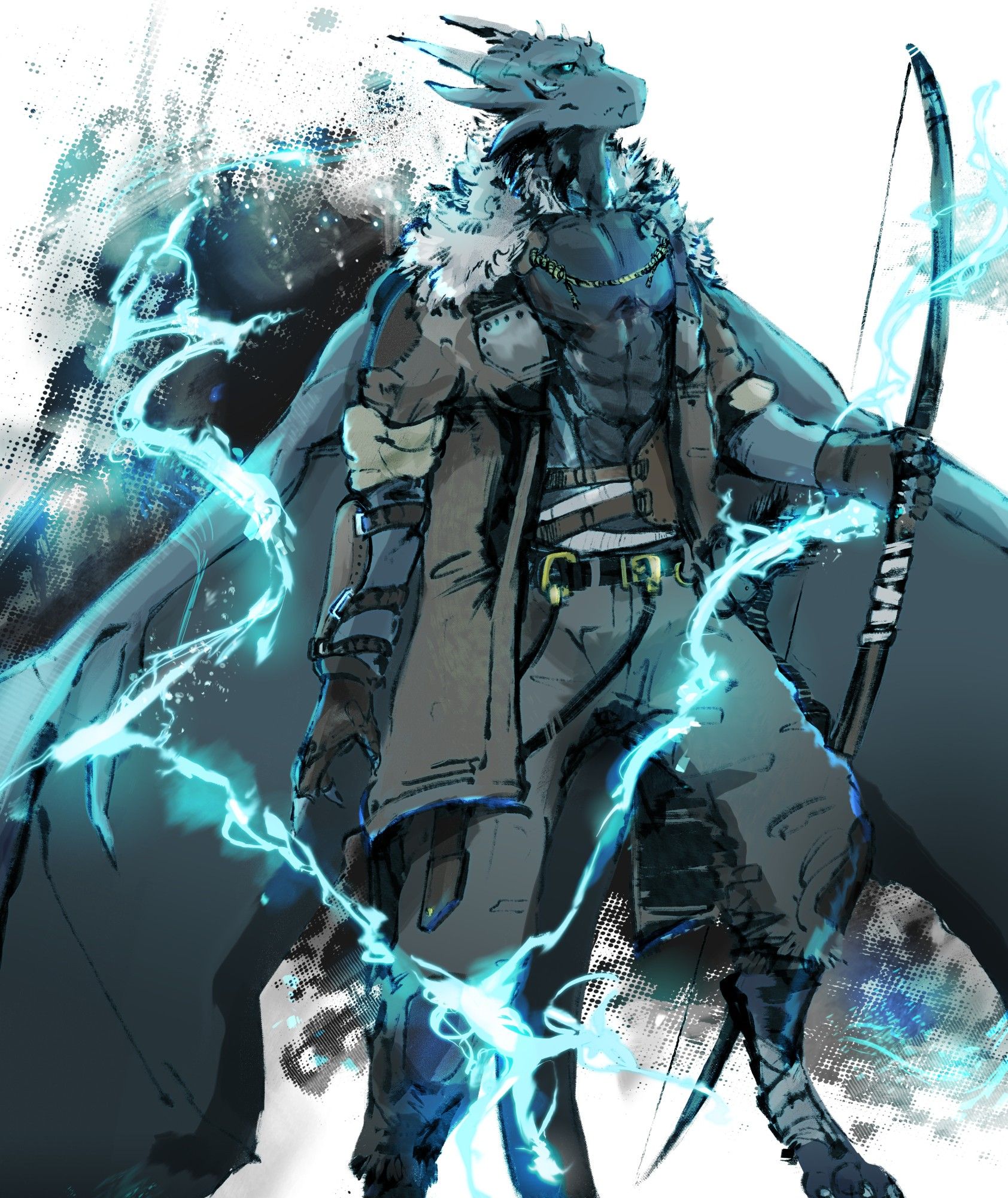 A digital painting of Drakl, a blue anthropomorphic dragon, holding a makeshift longbow as lightning streaks around him.