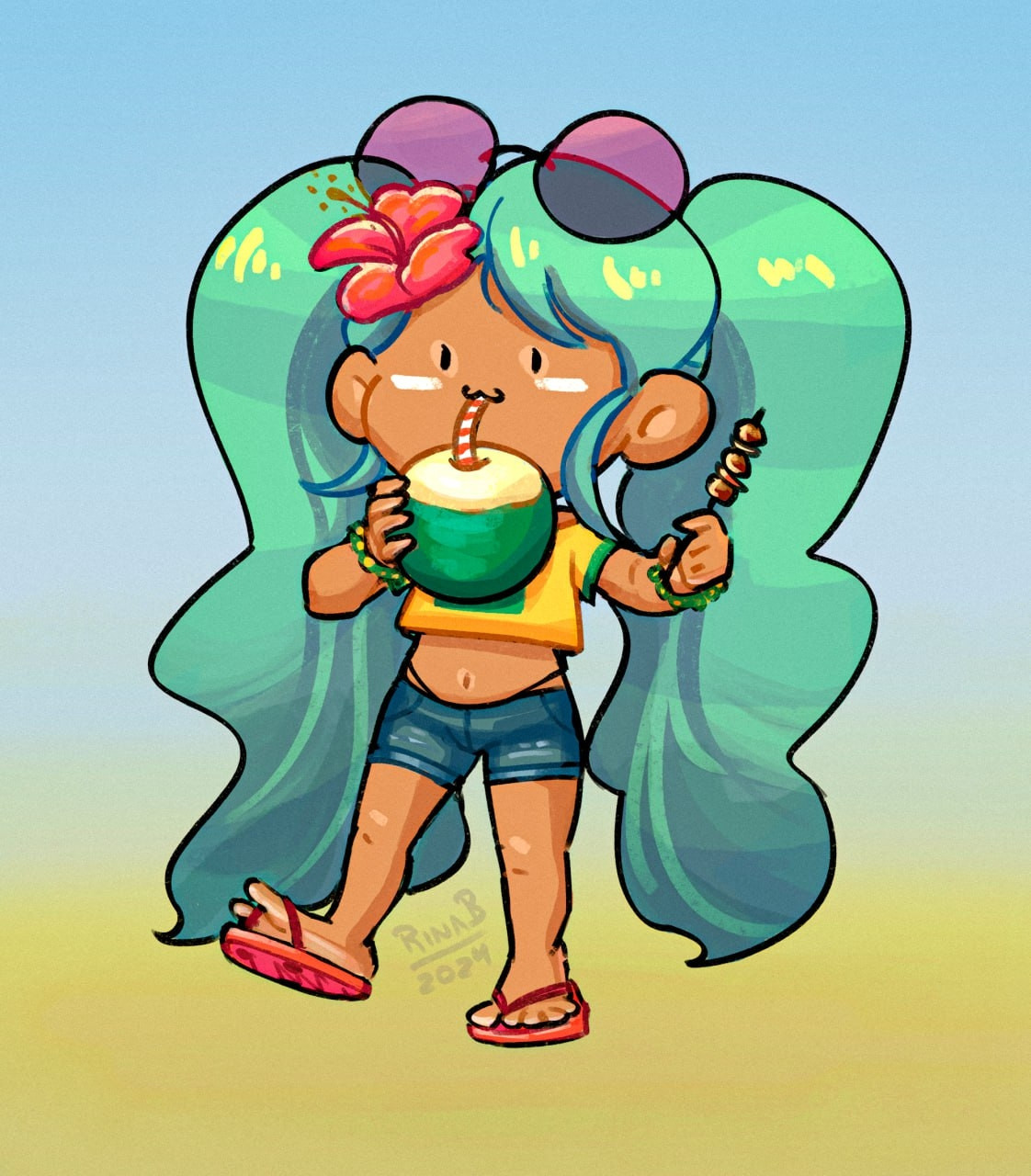 Ilustração da Rina com o design da Miku Brasileira. Ela está em cores fortes e estilo "chibi" ("fofinho" e com proporções pequenas, cabeça grande, etc). O visual dela: duas chiquinhas longas verde-água onduladas, uma flor de hibisco rosa no cabelo e óculos escuros apoiados em cima da cabeça. Ela está bebendo água direto do côco verde e segurando um espetinho na outra mão. Ela veste uma camiseta amarela e verde que mostra a barriga, short jeans, alcinha do biquíni à mostra na cintura e chinelo da mesma cor da flor de hibisco.