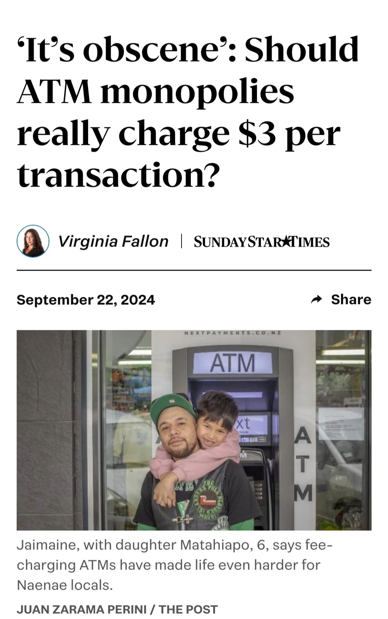 Headline: 'It's obscene': Should ATM monopolies really charge $3 per transaction?