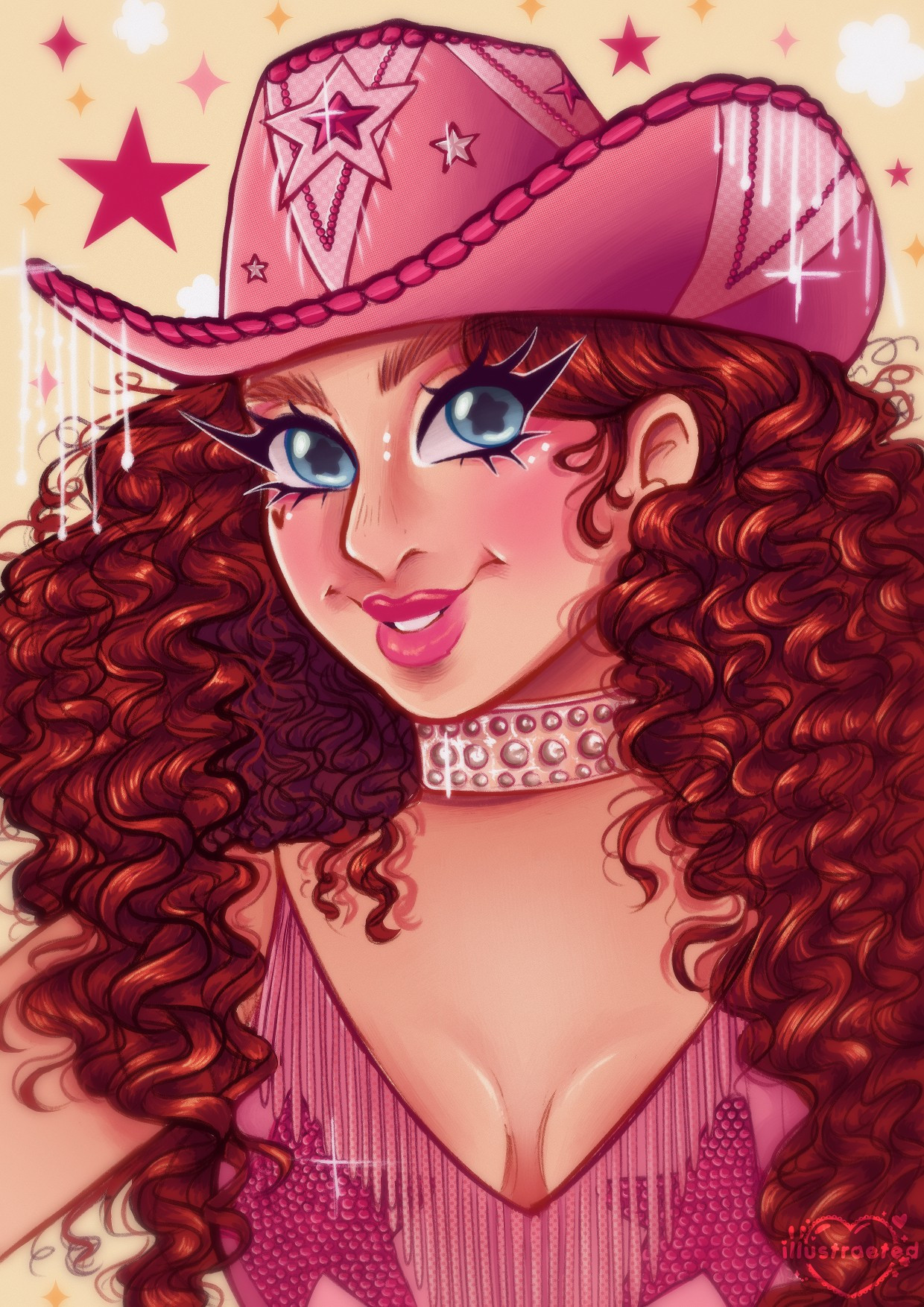 rae's drawing of chappell roan in her pink pony club outfit, which includes a pink cowboy hat with sequins and beaded fringe, a clear choker with studs and a starry pink bodysuit. chappell is white and has blue eyes and long red curly hair.