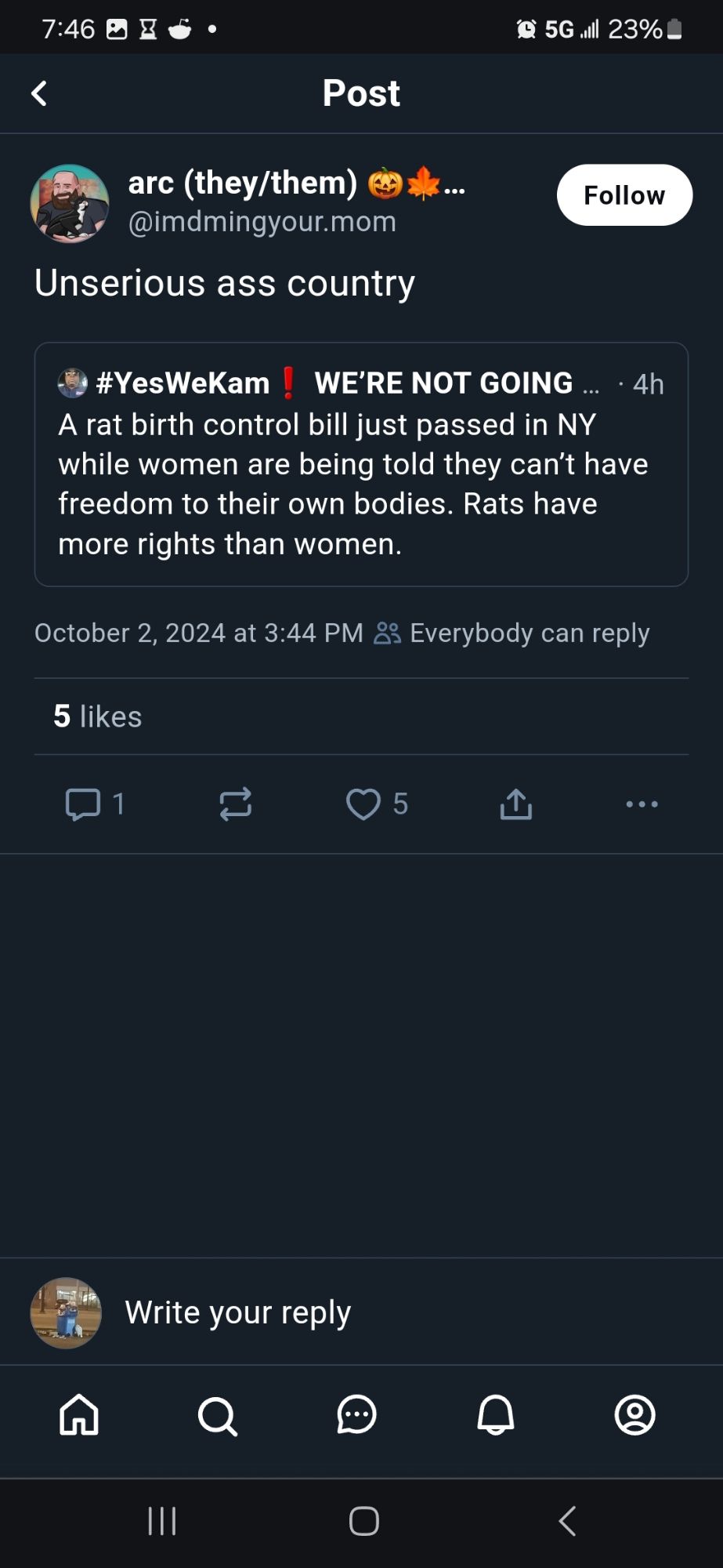 Quote Skeet from @imdmingyour.mom

"Unserious ass country"

Original quoted skeet by @skiridr.bsky.social:

"A rat birth control bill just passed in NY while women are being told they can’t have freedom to their own bodies. Rats have more rights than women."