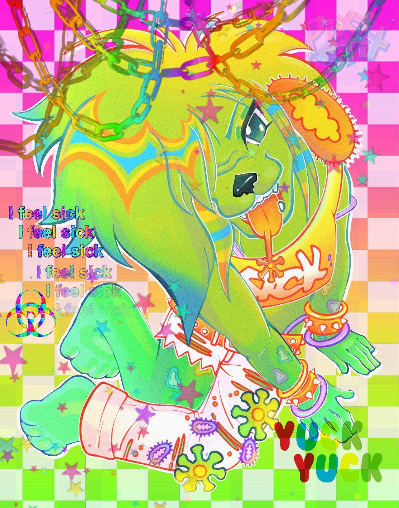 Bright green anthro dog in white ripped pants, yellow crop top that says “SICK”, and varies other accessories stares up at the camera, sticking out its tongue which is ls salivating.  Background is multi colored checker pattern with varies edited in images ontop